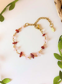 Chinese Red Lantern Bracelet with Carnelian and Rose Quartz wire wrapped in gold, handmade healing crystal bracelet for love and good fortune, Laganna Sri Lanka