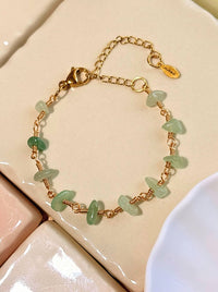 Fortune Bracelet close-up detail showing natural green aventurine chip stones gold wire wrapped with lobster clasp and Laganna charm, handmade crystal bracelet Sri Lanka – luck wealth success