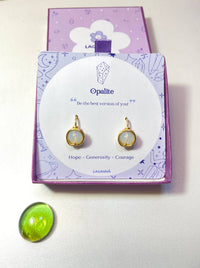 Opalite Statement Round Stud Earrings handmade wire-wrapped crystal jewelry for hope, new beginnings, and emotional healing - artisan healing stone studs crafted in Sri Lanka with natural luminous opalite gemstone beads