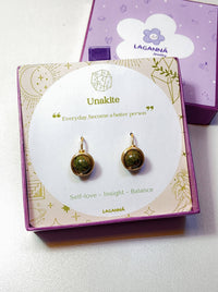 Unakite Statement Round Stud Earrings packaging with crystal meaning card - handcrafted wire-wrapped healing jewelry gift from Sri Lanka featuring natural unakite stone for emotional healing, insight, and balance