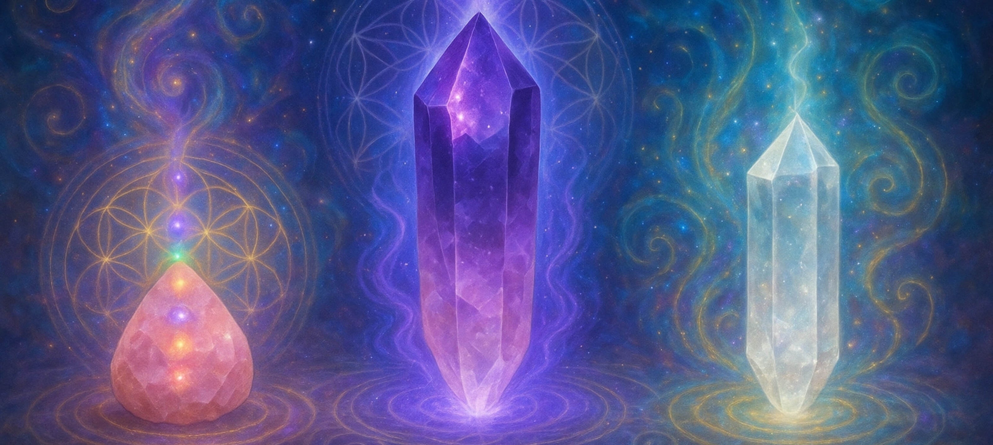 Mystical crystal energy healing stones rose quartz amethyst clear quartz with sacred geometry chakra auras cosmic swirls - birthstone gemstone collection spiritual metaphysical crystals meditation chakra balancing
