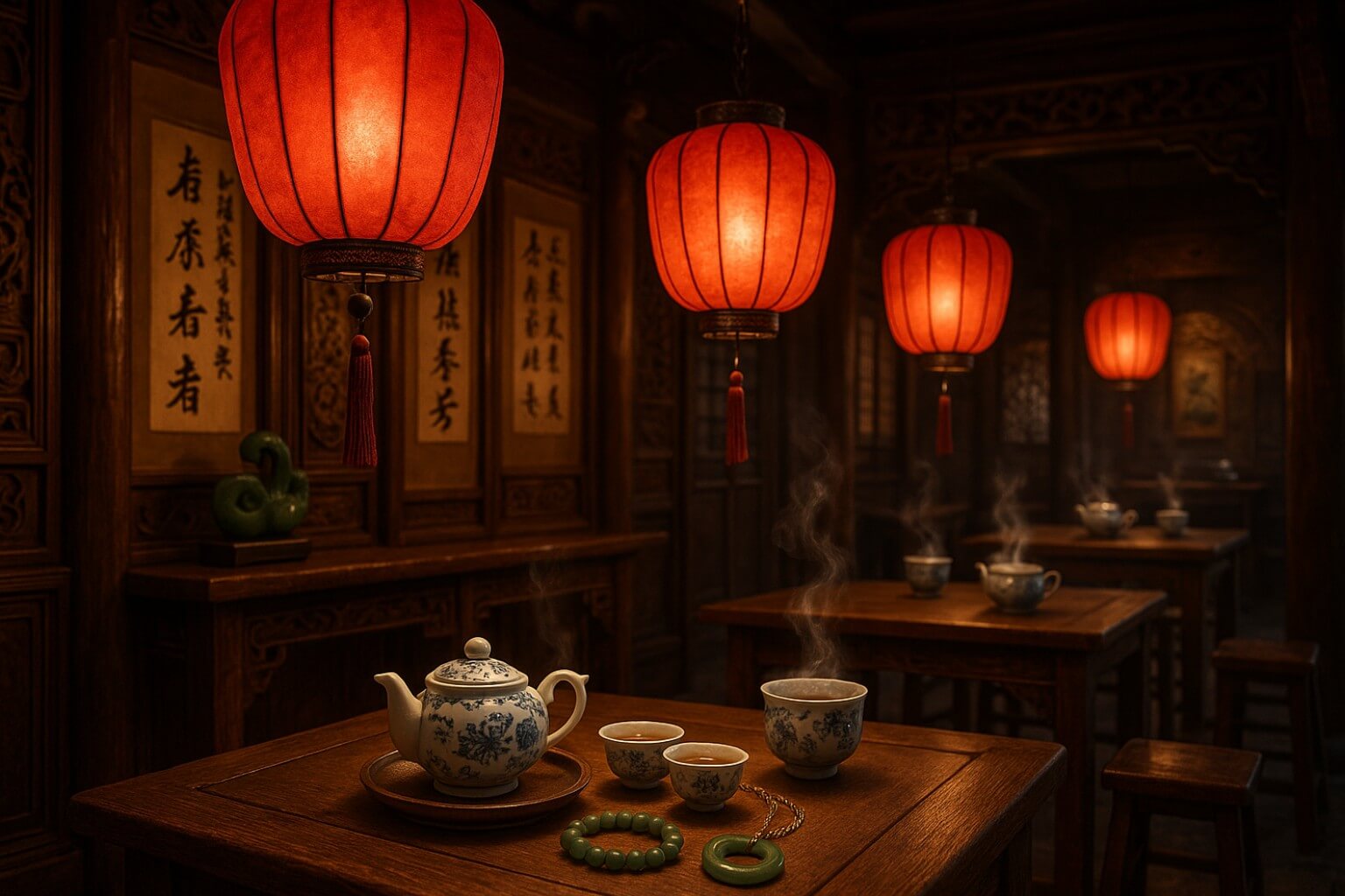 Traditional Chinese tea house with red lanterns and mountain landscape - Chinese culture inspired jewelry collection
