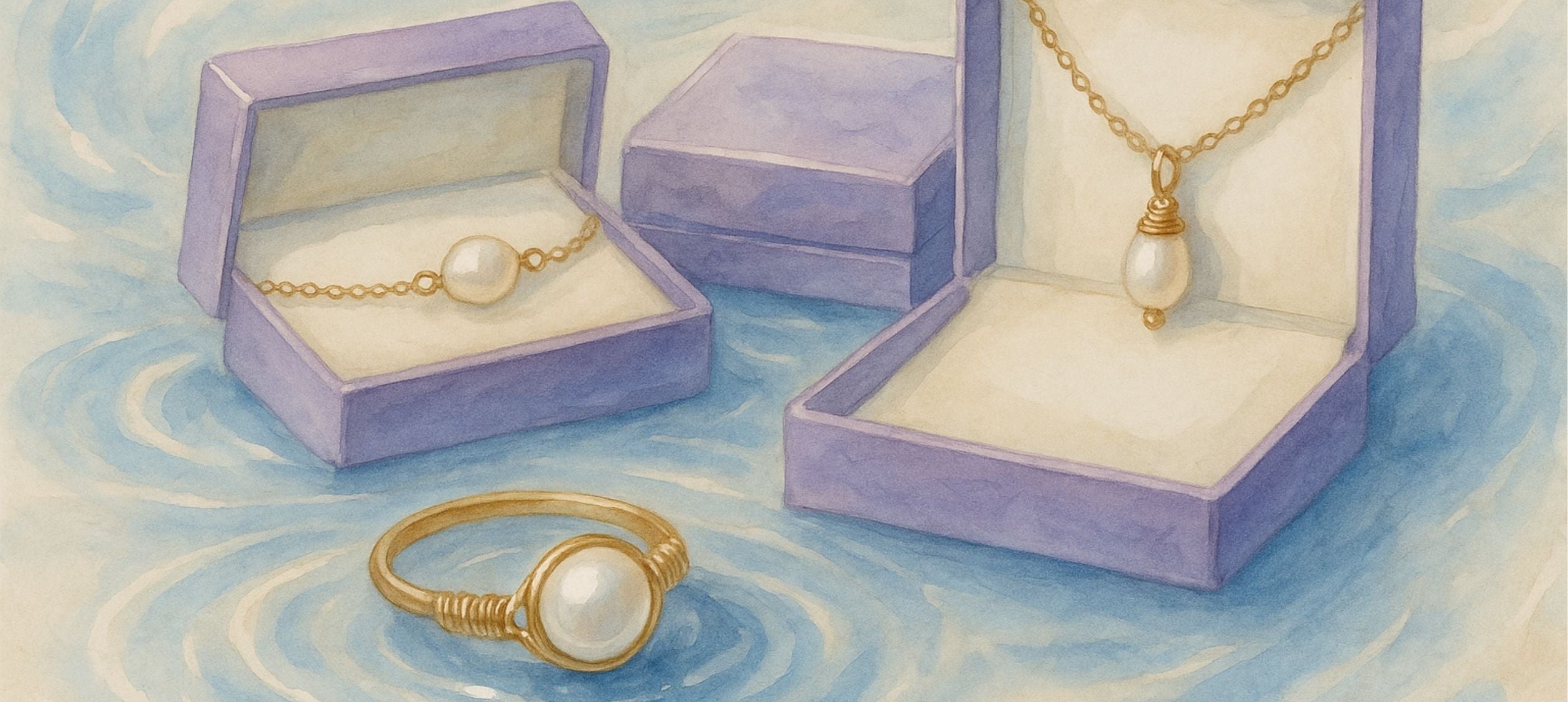 Freshwater Pearl Collection banner featuring handmade Sri Lankan pearl jewelry in watercolor art style - gold wire wrapped pearl ring bracelet necklace in purple jewelry boxes, healing crystal jewelry from Sri Lanka