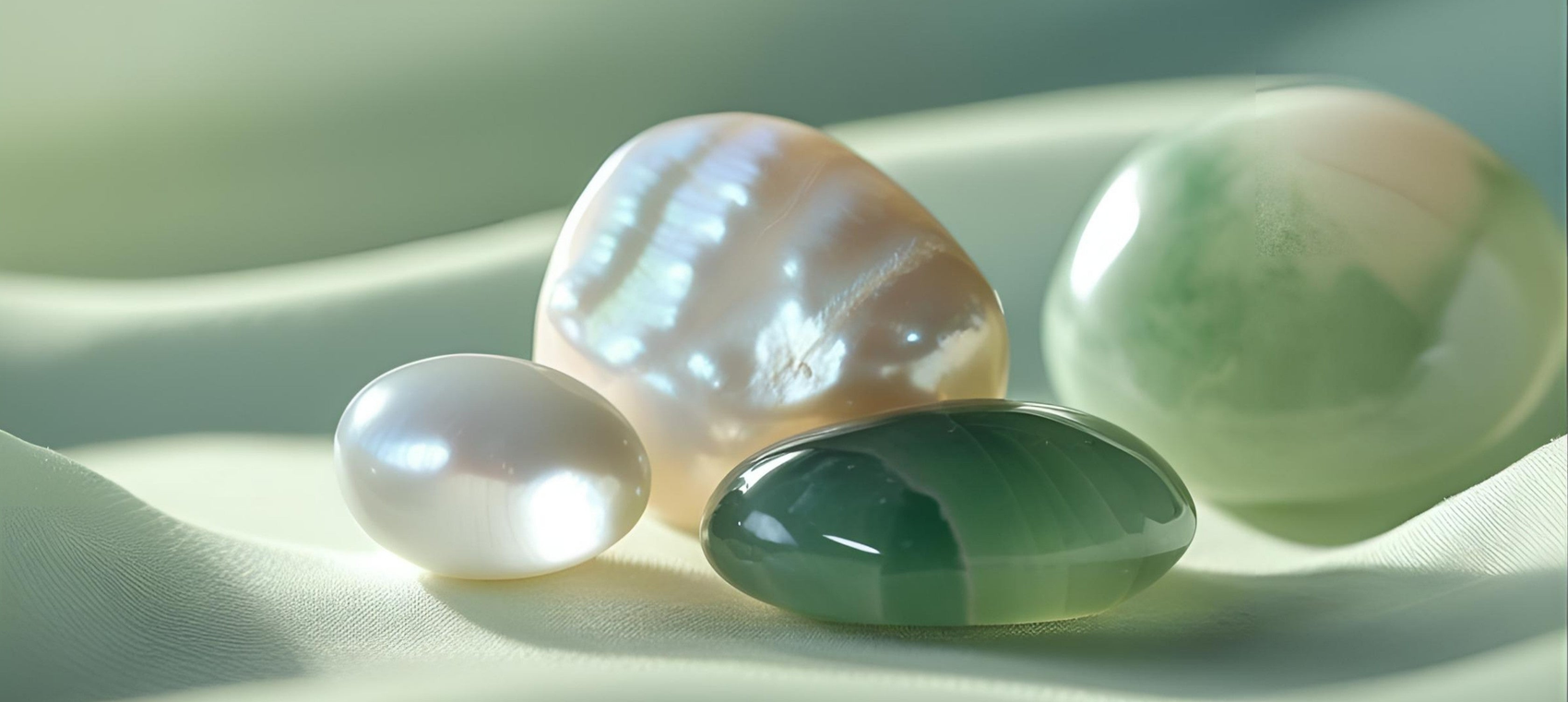 Pearl, Moonstone, and Agate gems displayed together. They are the June's feminine wisdom birthstones for emotional intuition and spiritual insight.