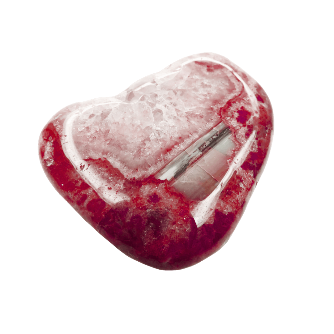 Red Chalcedony heart-shaped crystal stone in deep crimson and blush tones – the stone of devotion, passion and warmth