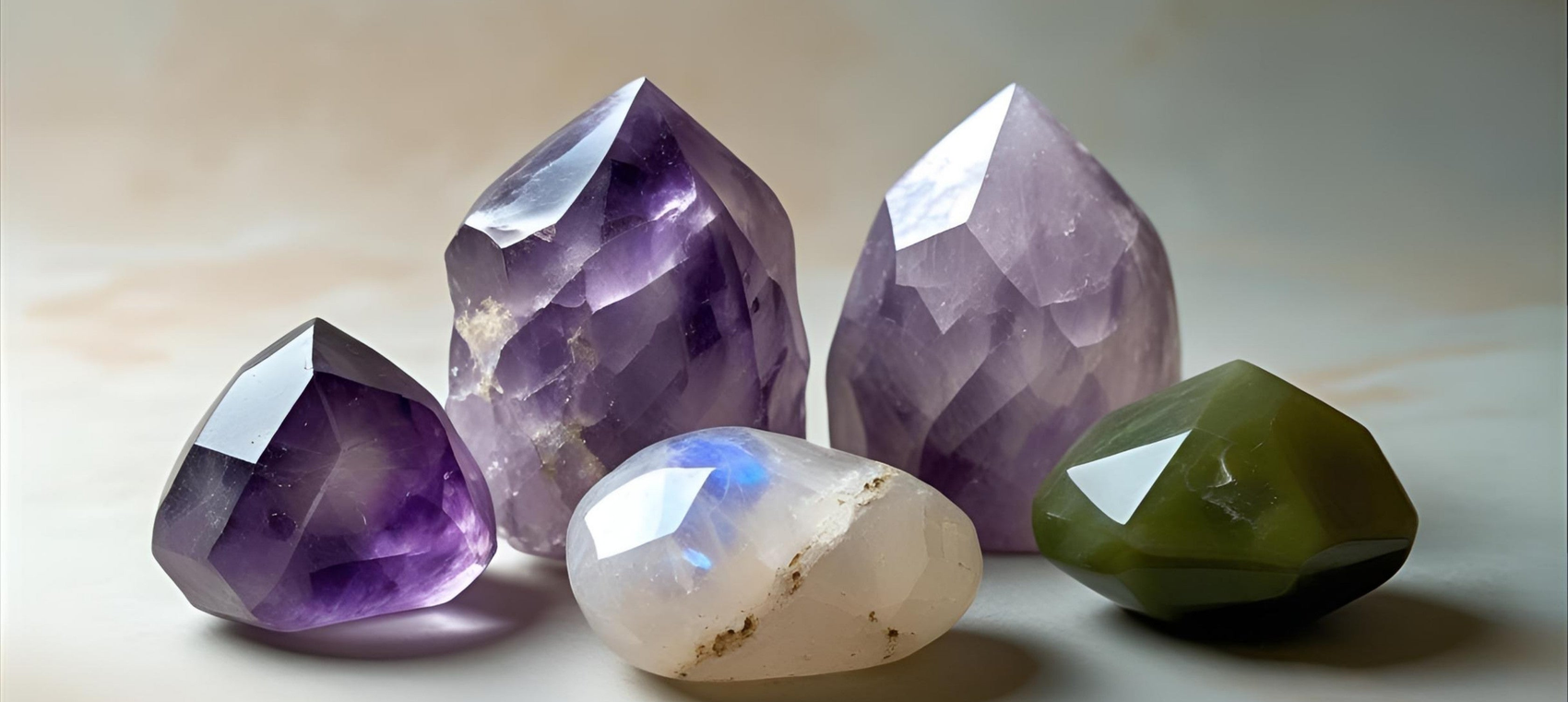 February's birthstones Amethyst, Moonstone, and Olive Jade crystals displayed together for intuitive wisdom and peaceful strength