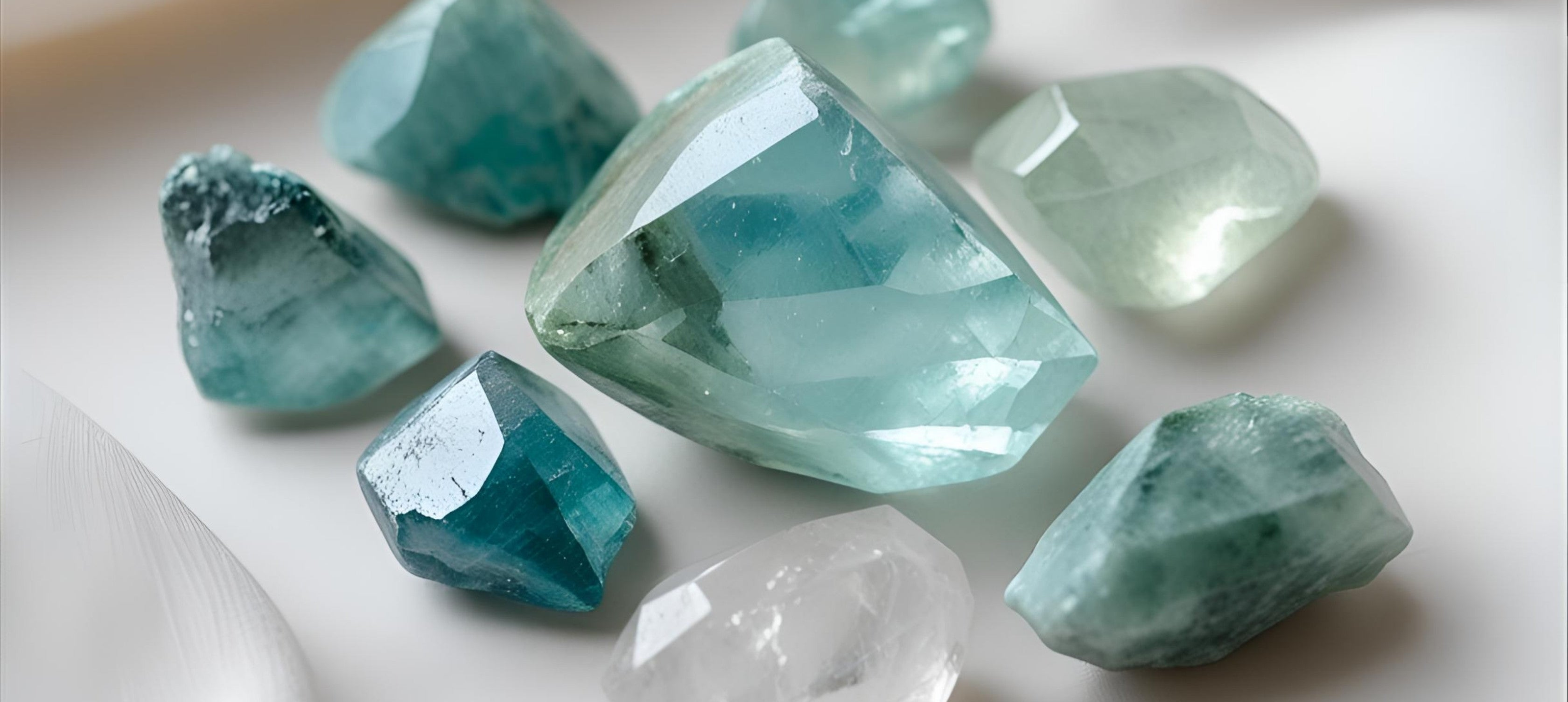 March's sea lovers birthstones aquamarine and clear quartz crystals showcased together for honest expression and emotional clarity.