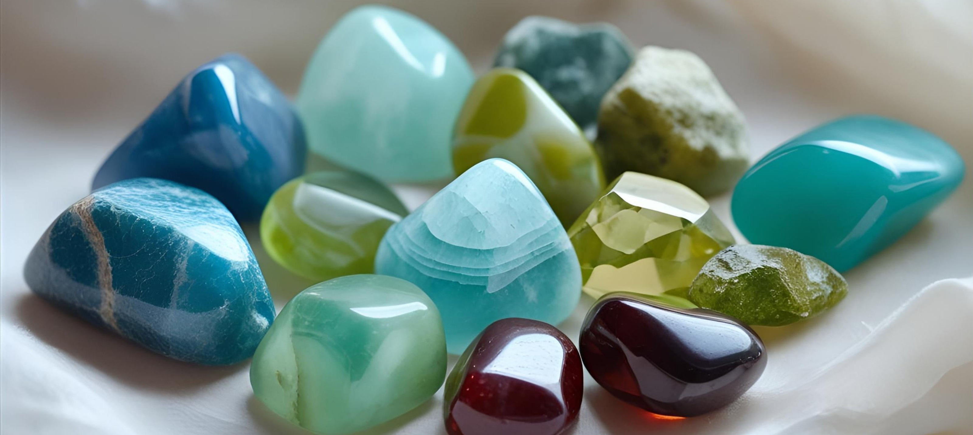 Blue Lace Agate, Agate, Garnet, Aquamarine, and Peridot crystals arranged on a soft background. May's soft yet powerful birthstones for calm communication and growth.