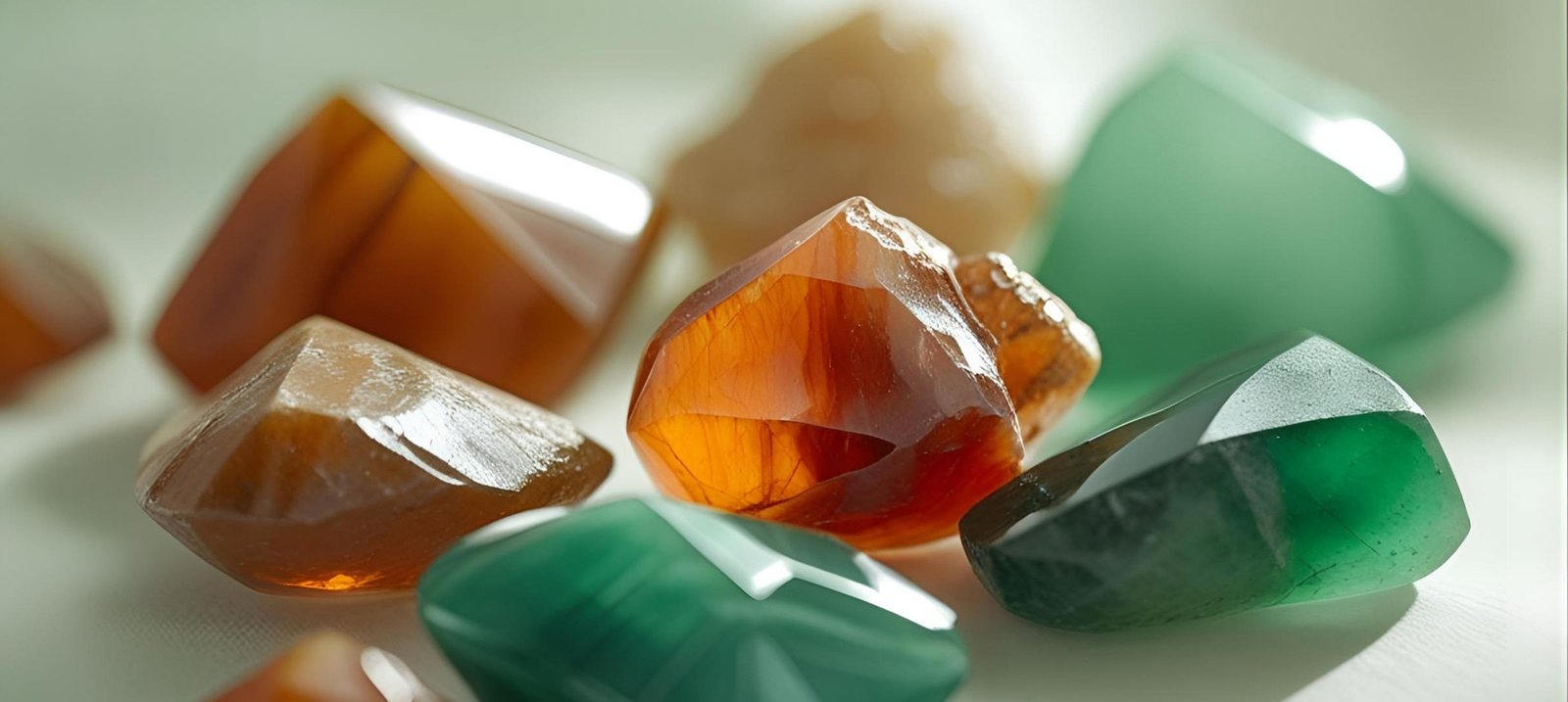 Carnelian and Agate crystals showcased together. July's sun-warm birthstones for courage, creativity, and grounded boldness.