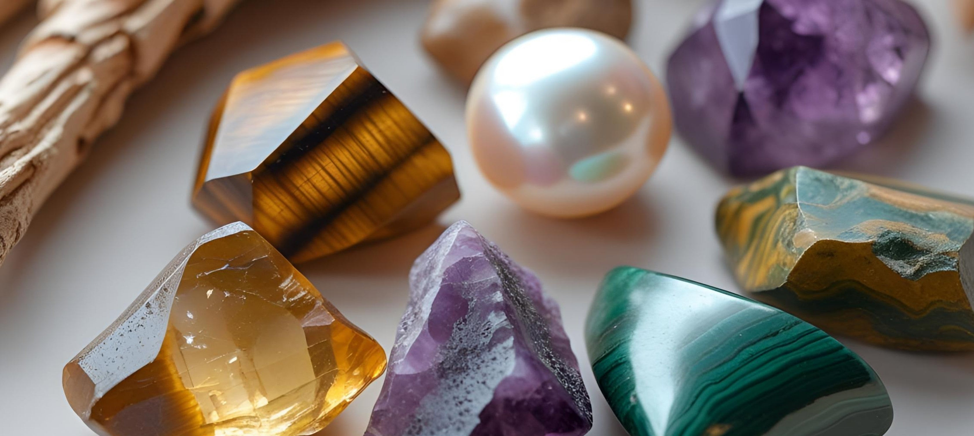 Citrine, Tiger's Eye, Pearl, Amethyst, and Malachite crystals showcased together. November's vibrant birthstones for abundance, confidence, and transformation.