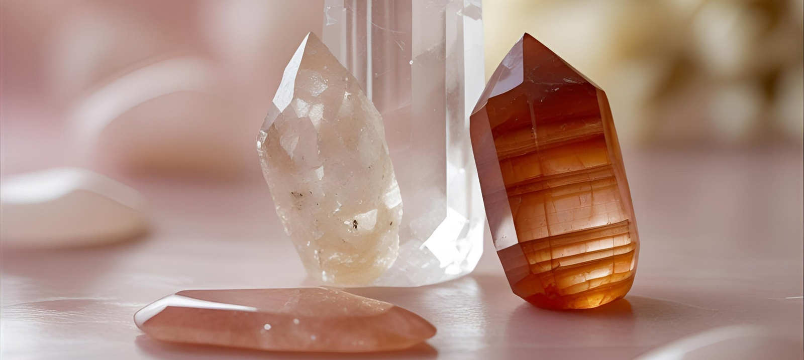 Clear Quartz and Carnelian crystals featured together. They are the  April's radiant birthstones for spiritual focus and creative passion