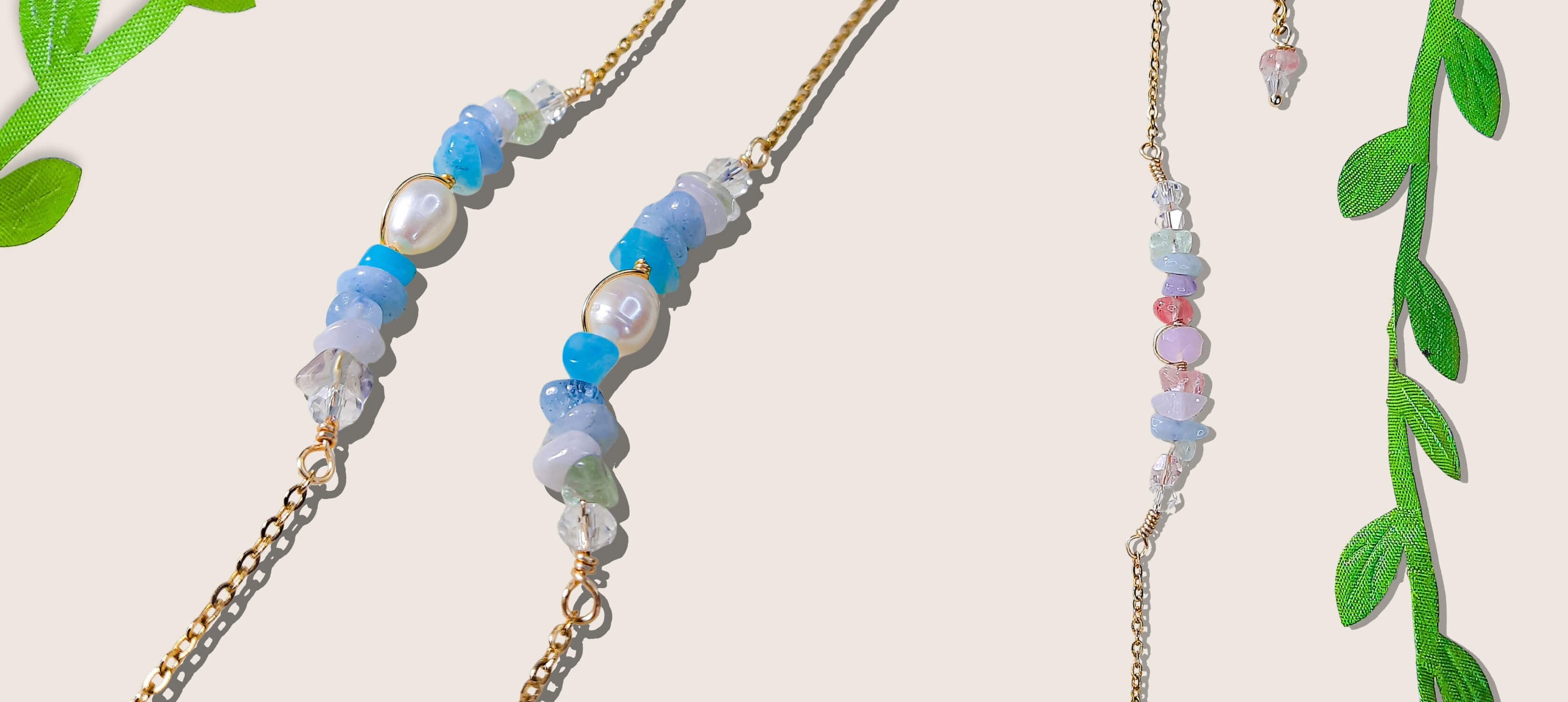 Crystal bar bracelets collection banner showcasing Laganna's handmade jewellery with colorful gemstone beads and delicate chain designs, featuring artisan crafted crystal bracelets from Sri Lanka's luxury jewelry boutique 