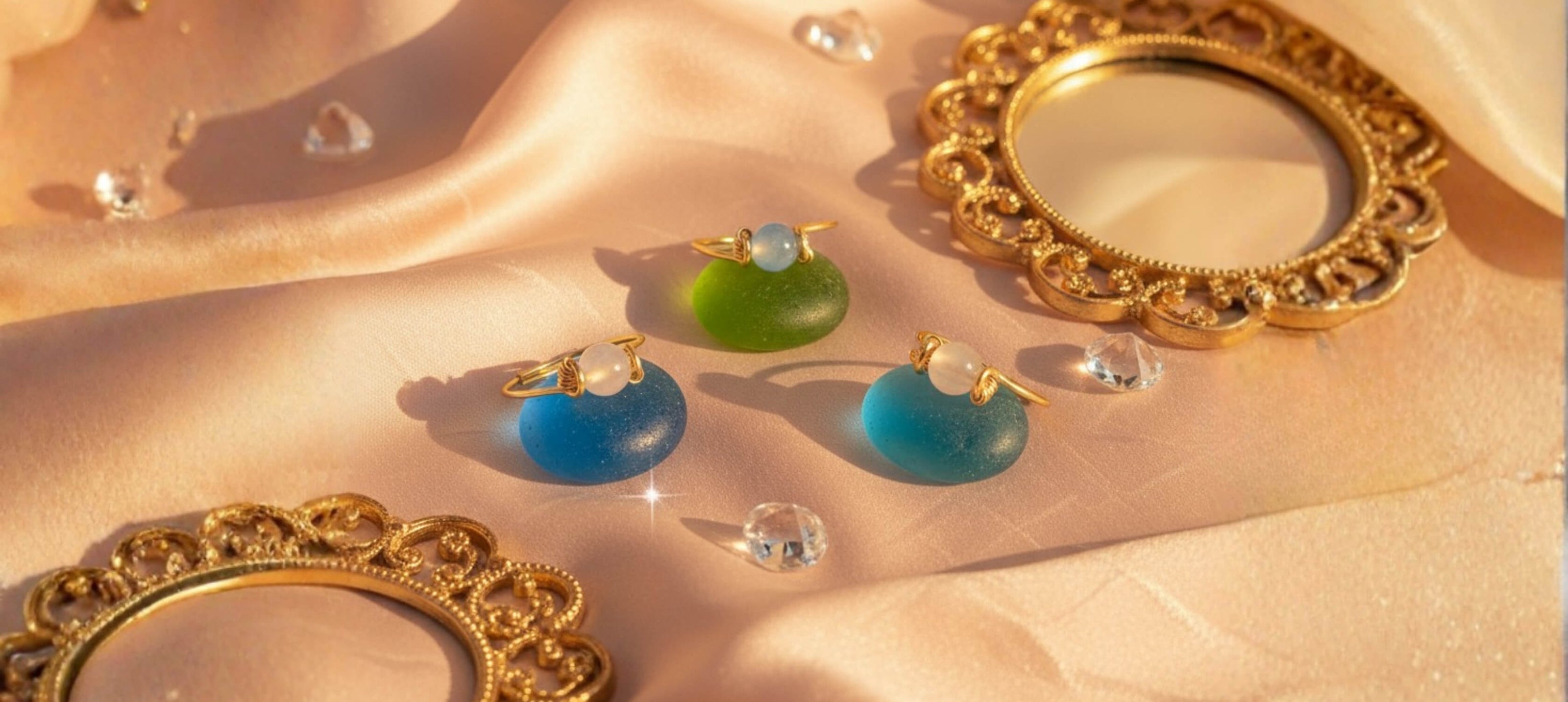 Dainty rings collection banner showcasing Laganna's handmade jewellery with delicate gemstone designs and elegant gold settings, featuring artisan crafted minimalist rings from Sri Lanka's luxury jewelry boutique