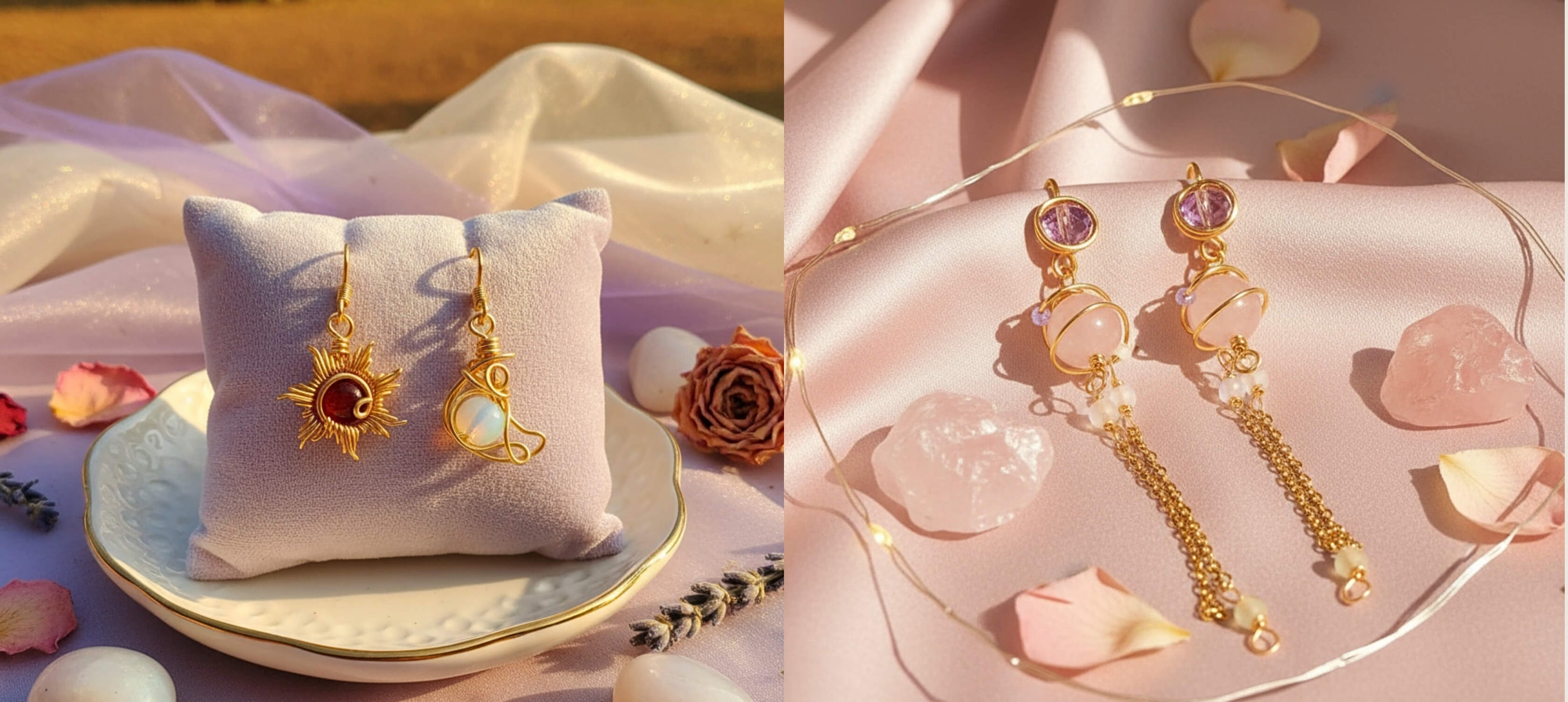 Elegant gold dangle earrings collection featuring sun moon celestial designs and pink gemstone drop earrings with chain tassels displayed on velvet cushions with rose quartz crystals and dried flowers - handcrafted jewelry Sri Lanka Laganna