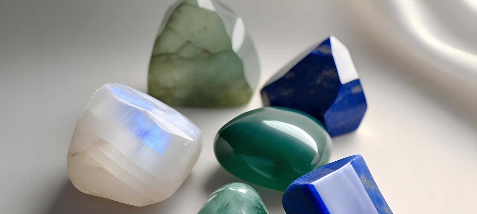 Moonstone, Lapis Lazuli, and Agate crystals displayed together. September's moon-magic birthstones for intuitive clarity and peaceful transformation.