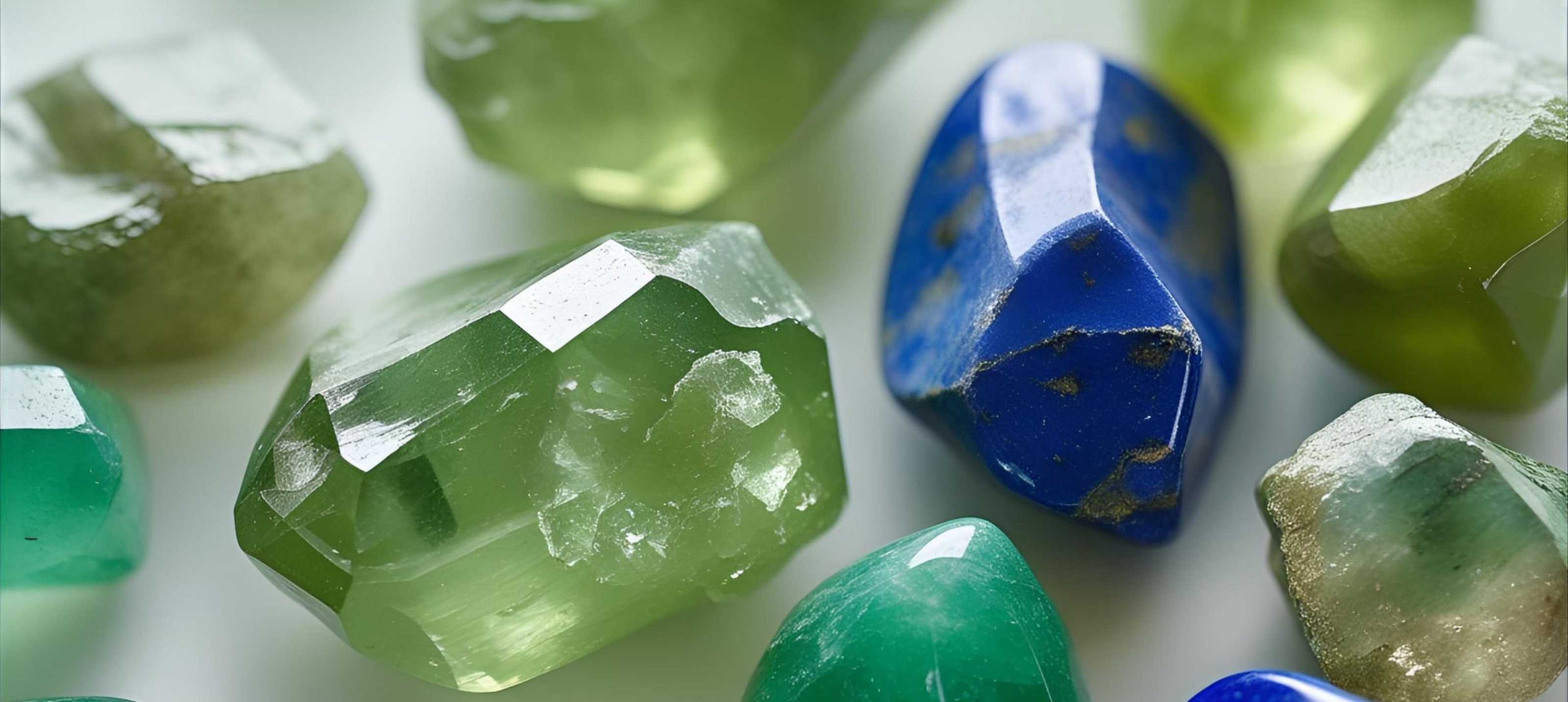 Peridot, Green Aventurine, and Lapis Lazuli crystals arranged like a blooming garden. August's joyful birthstones for heart-healing and prosperity.