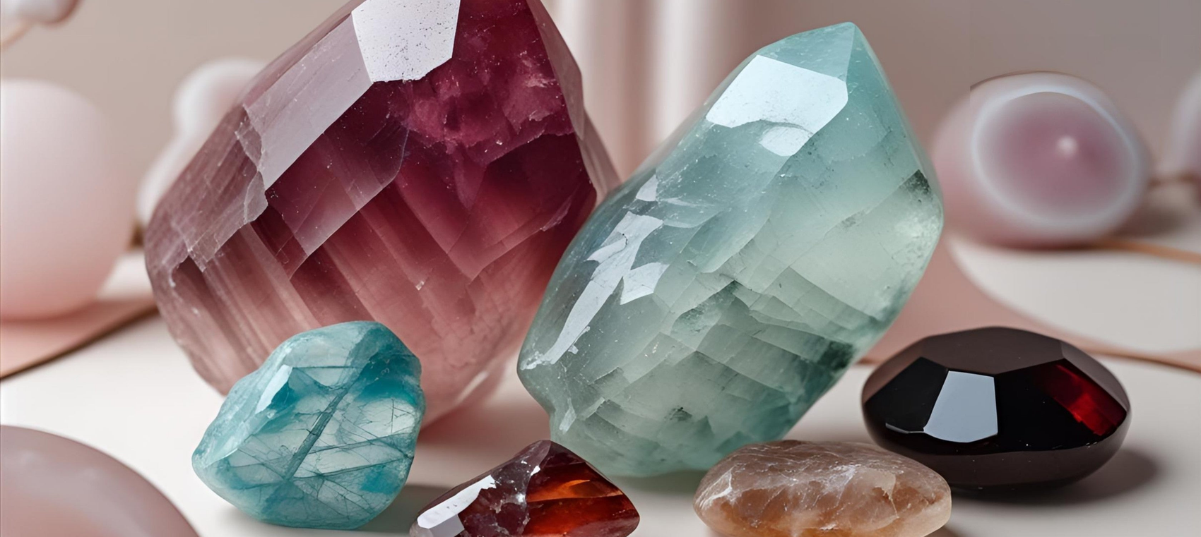 Tourmaline, Aquamarine, Garnet, and Agate crystals arranged together. October's protective birthstones for emotional balance and grounding support.