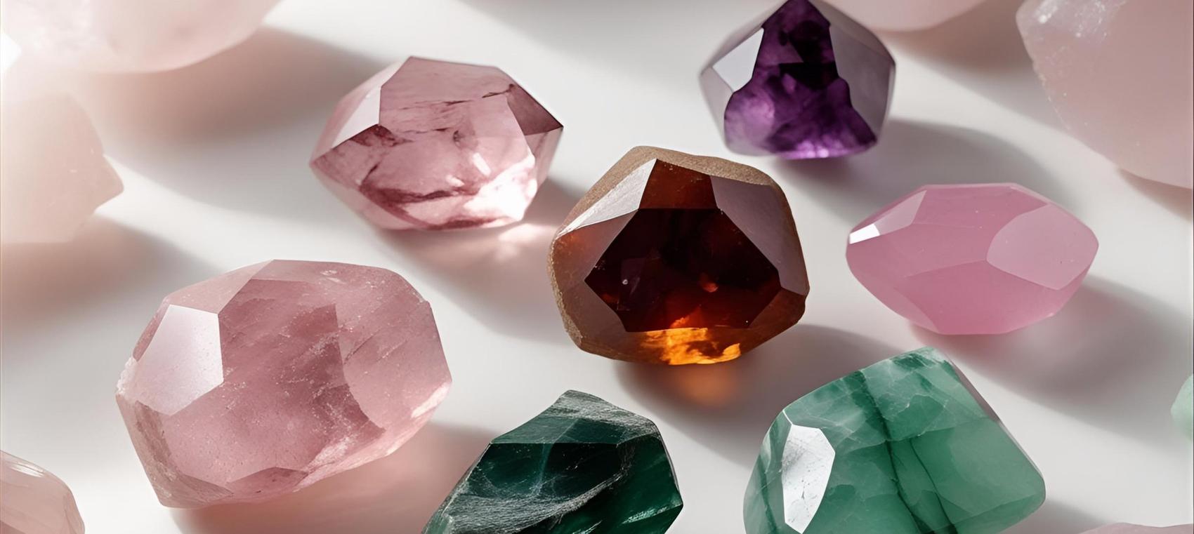 Rose Quartz, Garnet, Amethyst, and Chalcedony crystals arranged together - January's nurturing birthstones for gentle healing and new year courage