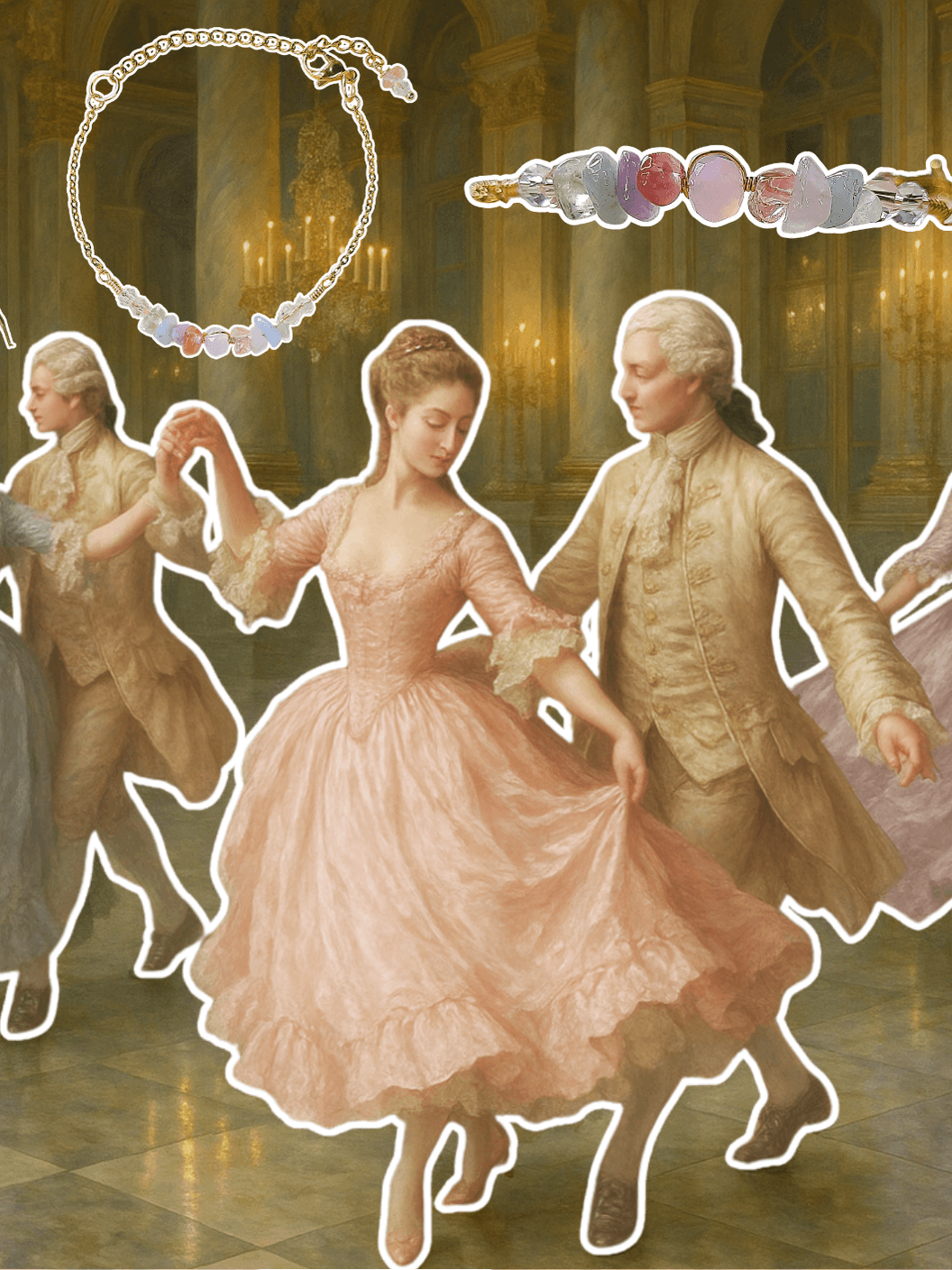 Elegant 18th century French palace ballroom with couples dancing in Rococo fashion - ladies in pastel gowns of powder blue, blush pink and lavender with lace details, gentlemen in cream silk coats, ornate chandeliers and marble columns, Versailles-style interior capturing Marie Antoinette era elegance and French Palace Dreams jewelry inspiration