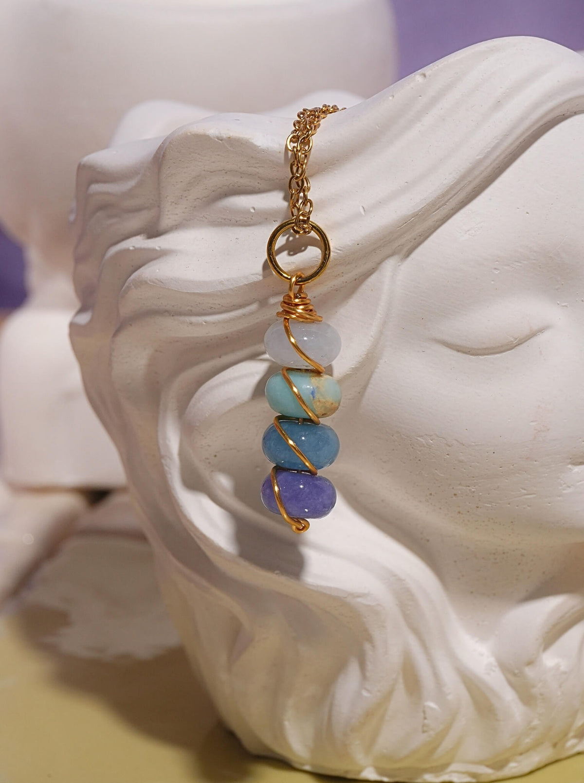 Lady of the Lake Dawn Candy Jade wire wrapped necklace pink lavender cream stacked stone pendant gold chain handmade Sri Lanka Laganna