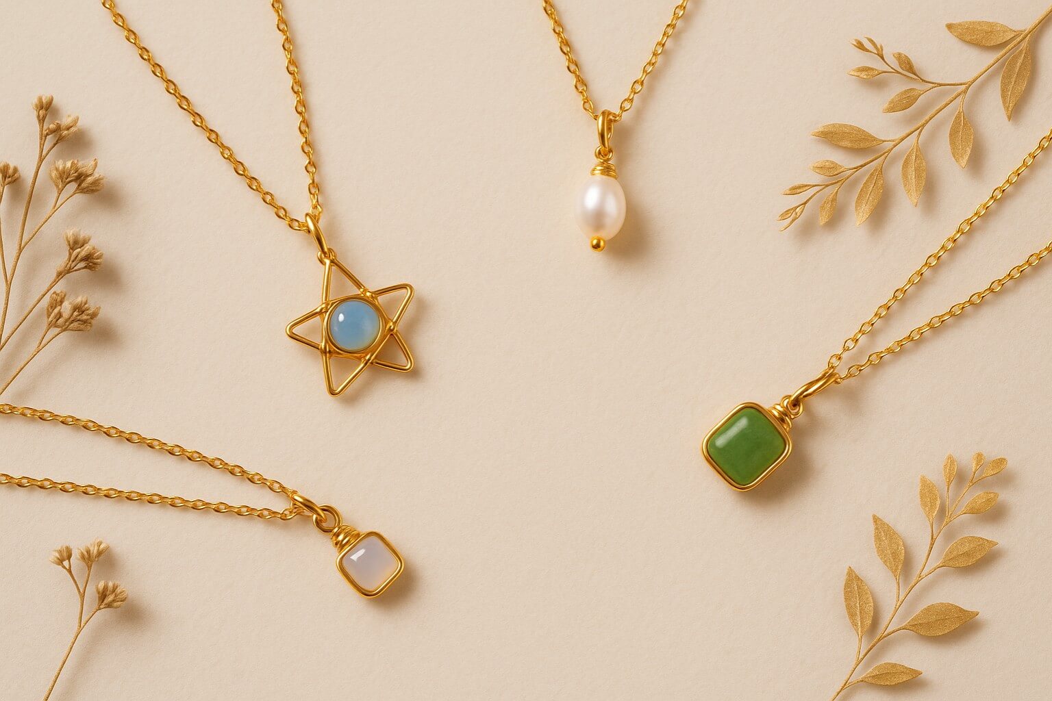 Aesthetic necklace collection featuring blue chalcedony star, freshwater pearl, opalite square stone, and olive jade square stone necklaces arranged in harmonious flat lay composition
