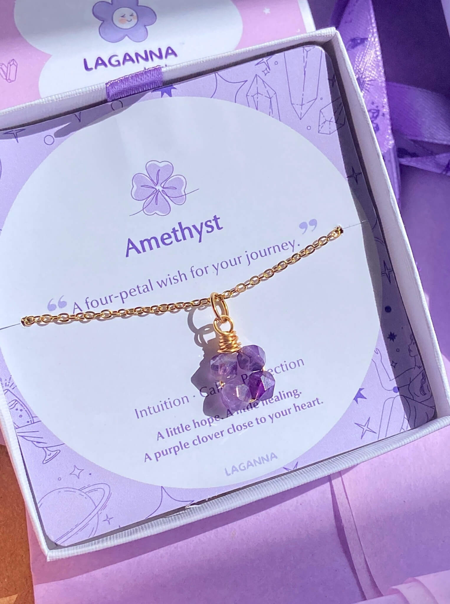 Amethyst clover necklace in elegant jewelry box packaging, handmade Sri Lankan gold wire wrapped healing crystal pendant for third eye chakra and spiritual clarity