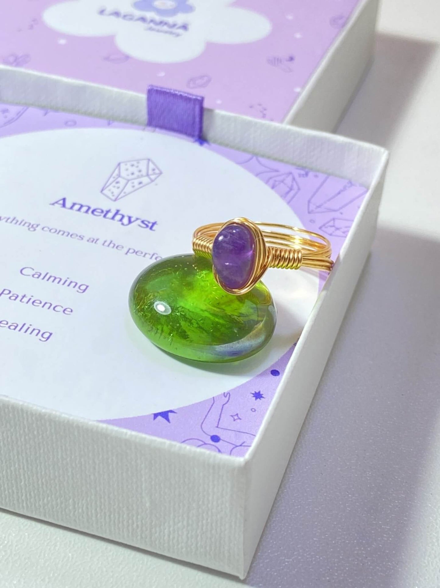 Handmade amethyst irregular stone ring in elegant jewelry box showing gold wire wrapped healing crystal gift set, Sri Lankan artisan spiritual ring featuring natural purple gemstone perfect as third eye chakra jewelry gift for stress relief and meditation with premium packaging