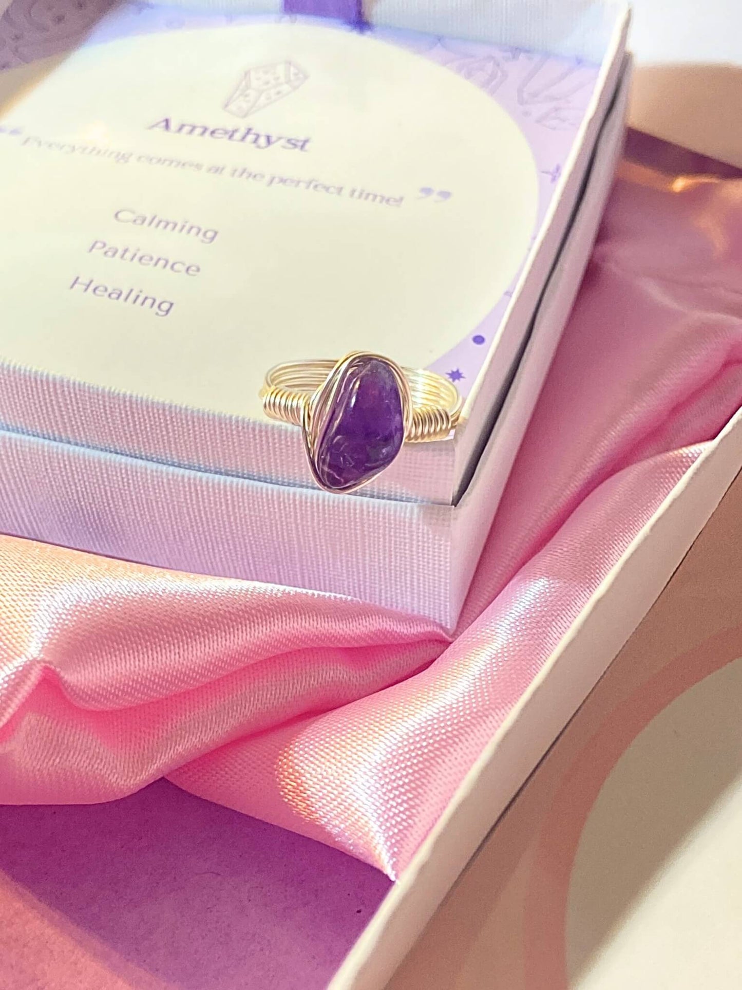 Handmade amethyst irregular stone ring in elegant jewelry box showing silver wire wrapped healing crystal gift set, Sri Lankan artisan spiritual ring featuring natural purple gemstone perfect as third eye chakra jewelry gift for stress relief and better sleep with premium packaging