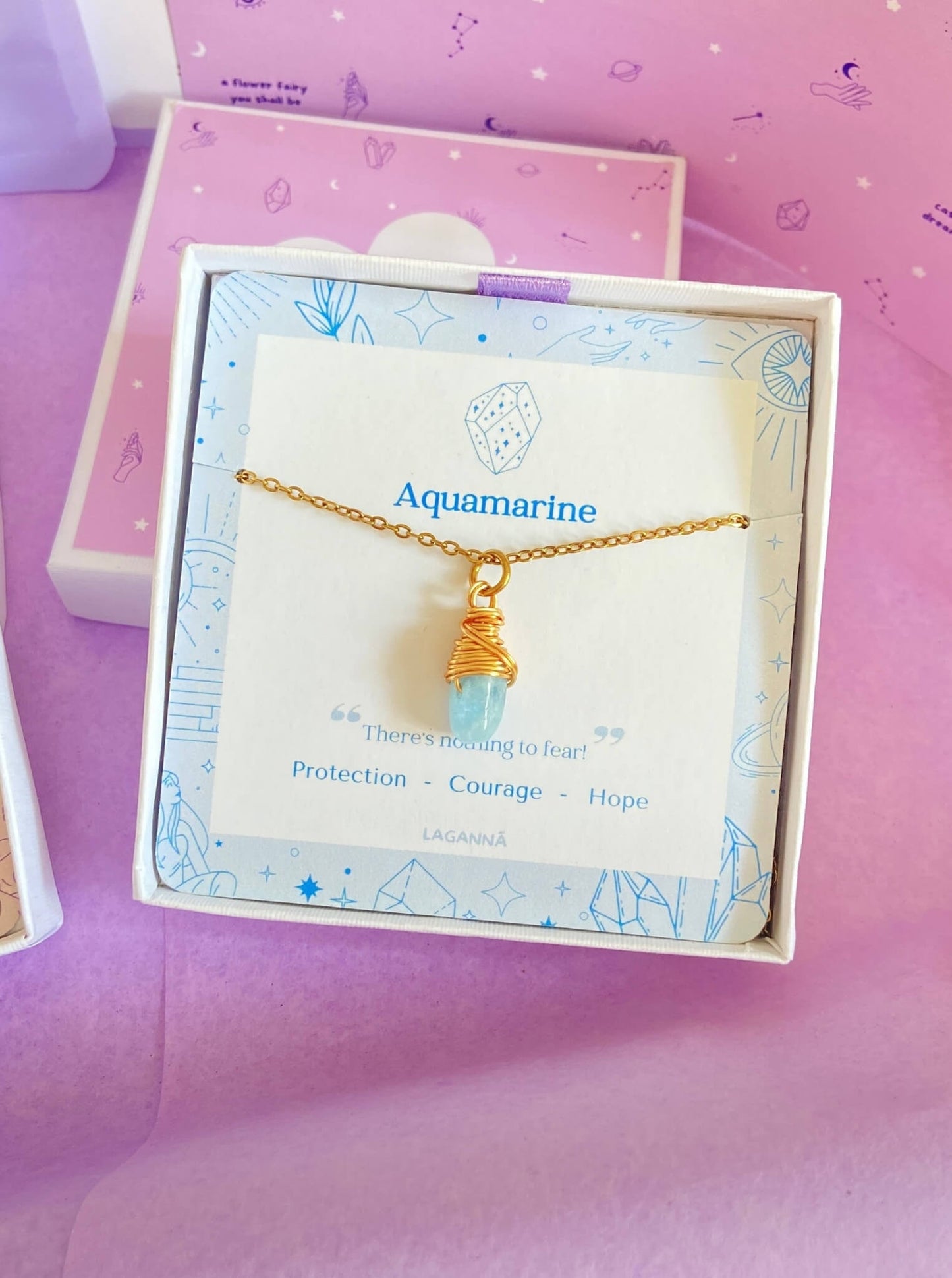 Aquamarine irregular stone necklace jewelry box packaging front view, handmade Sri Lankan gold wire wrapped healing crystal pendant gift for tranquility