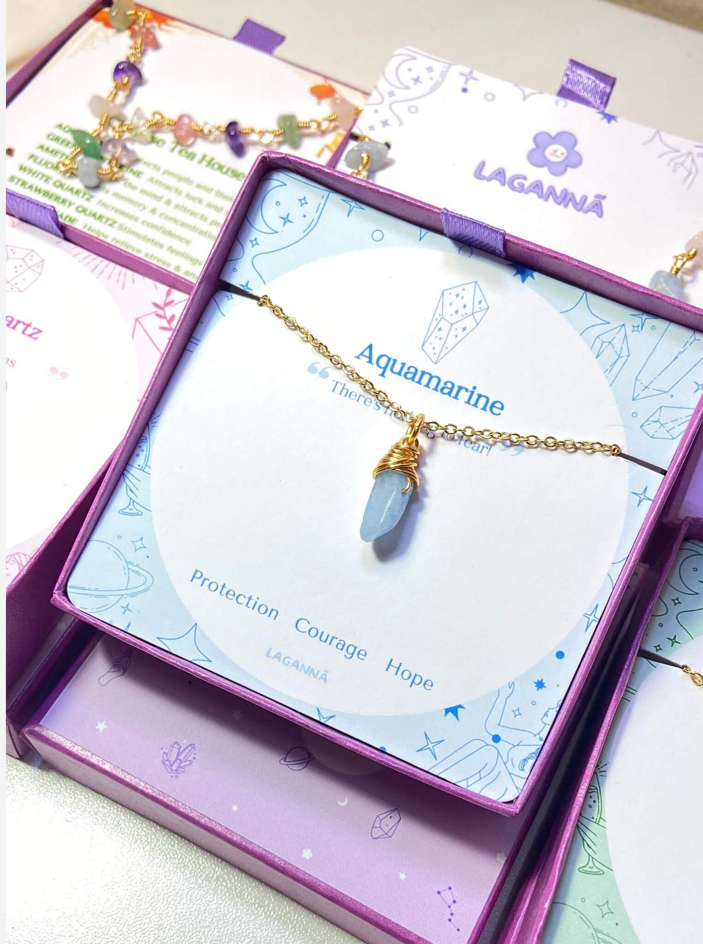 Aquamarine irregular stone necklace jewelry box side view, handmade Sri Lankan gold wire wrapped healing crystal pendant for throat chakra and emotional balance