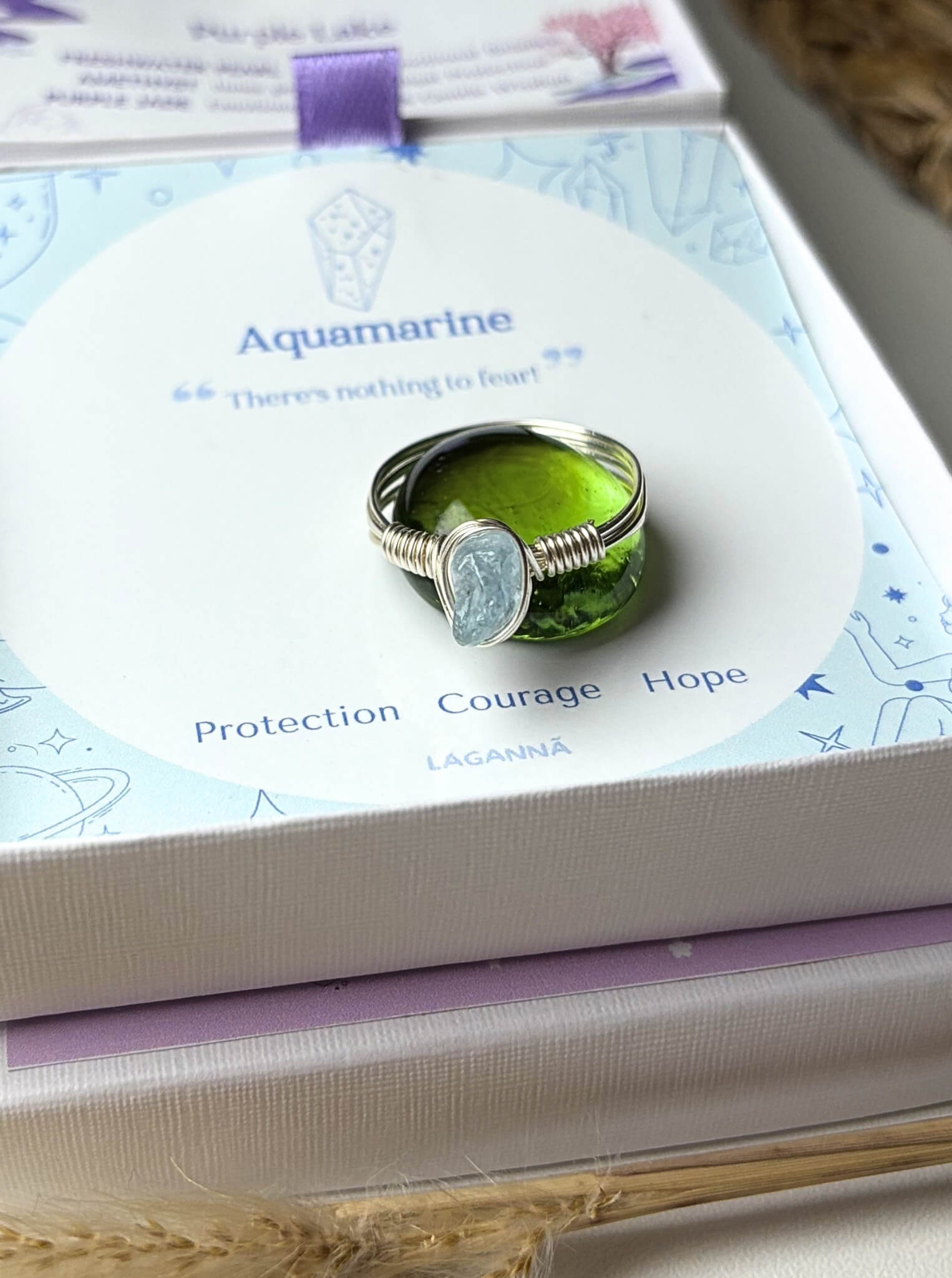 Aquamarine Irregular Stone Ring silver wire wrapped resting on green glass stone prop over Laganna crystal meaning card showing Protection Courage Hope, handmade healing crystal ring Sri Lanka – throat chakra clarity courage
