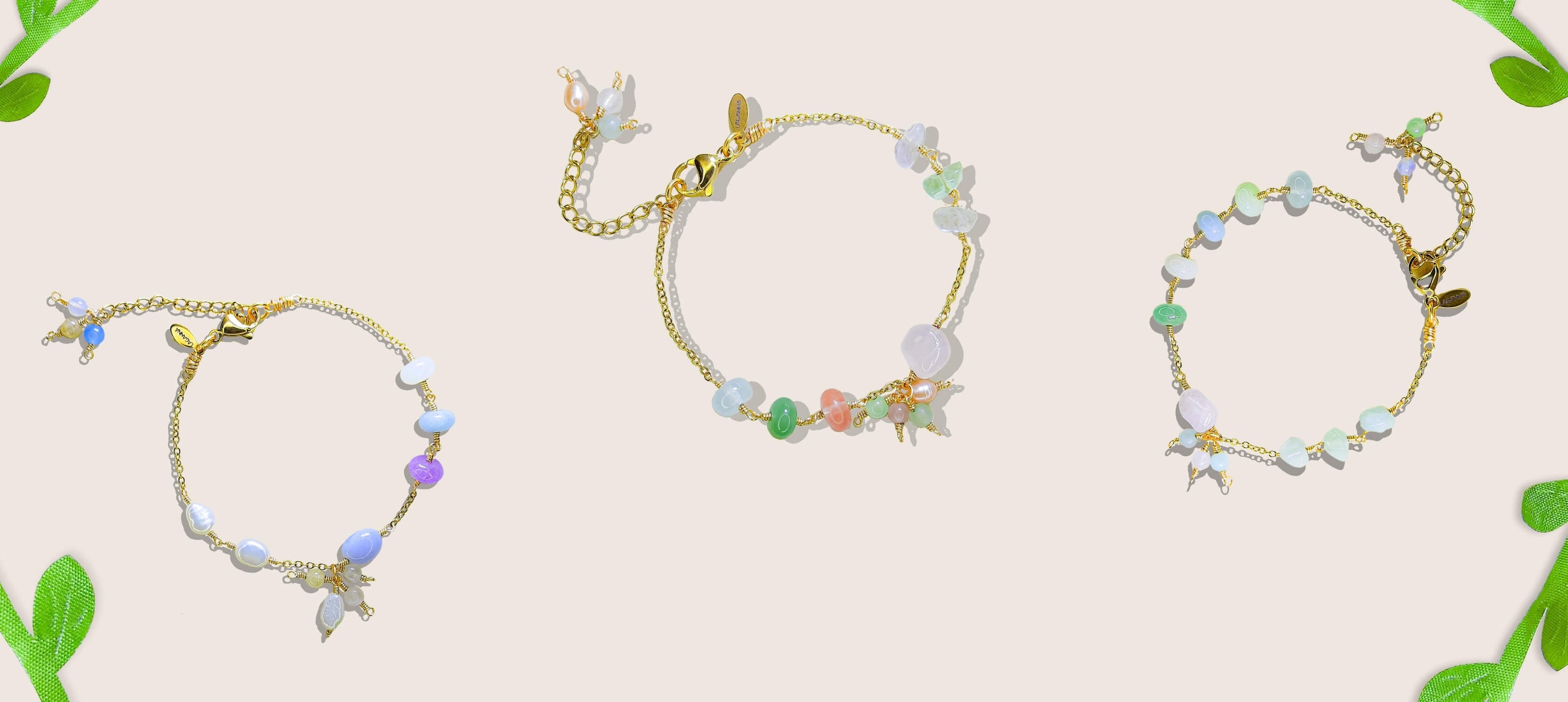 Artful bracelets collection banner showcasing Laganna's handmade jewellery with delicate gemstone beads and whimsical butterfly charms, featuring artisan crafted gold chain bracelets from Sri Lanka's luxury jewelry boutique
