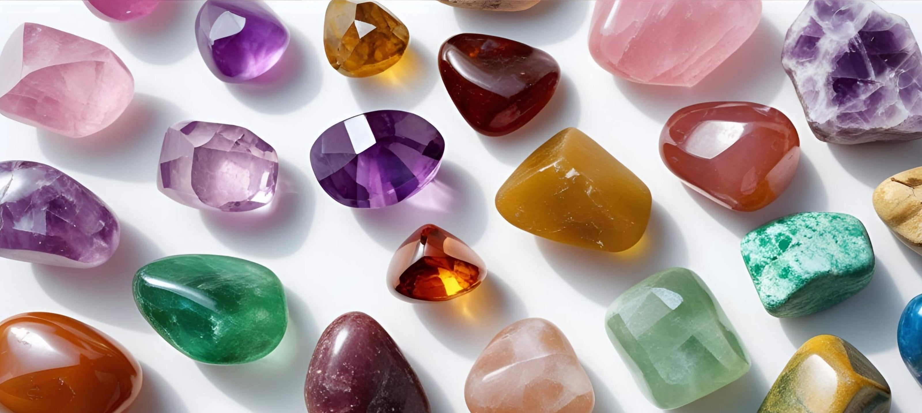 Assorted colorful gemstones on a white background