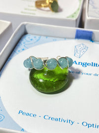  Blue Angelite braided ring in gold wire wrap with jewelry box, handmade Sri Lankan healing crystal ring for peace and spiritual connection