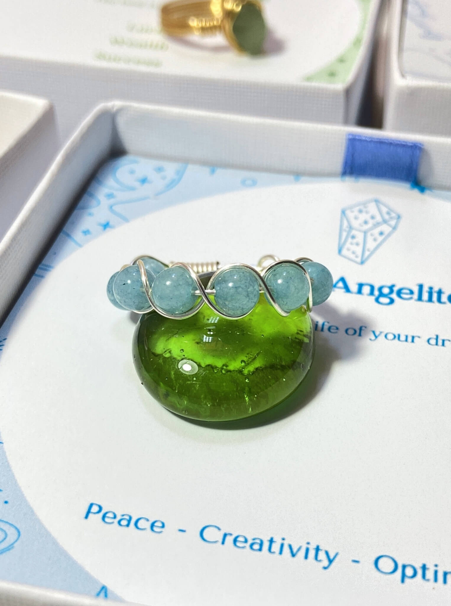  Blue Angelite braided ring in gold wire wrap with jewelry box, handmade Sri Lankan healing crystal ring for peace and spiritual connection
