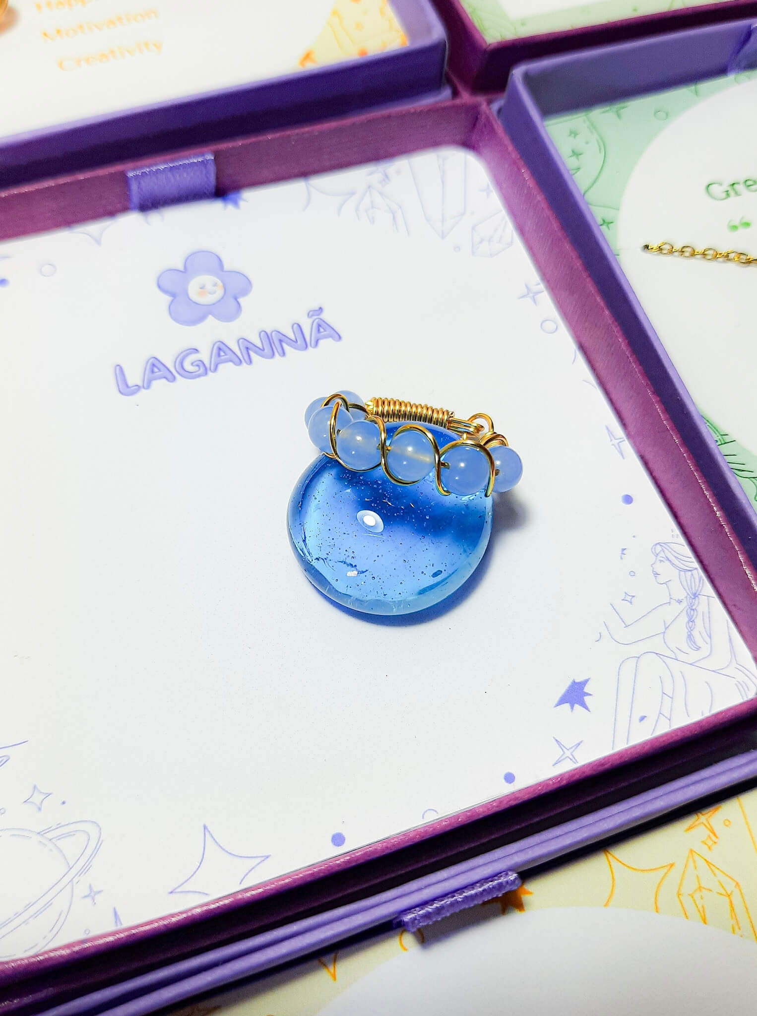  Blue chalcedony braided ring in gold wire wrap with jewelry box, handmade Sri Lankan healing crystal ring for throat chakra and communication