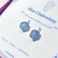 Blue Chalcedony Petite Round Stud Earrings in purple Laganna gift box with branded packaging close up - handcrafted healing crystal jewelry from Sri Lanka featuring natural blue chalcedony for calm