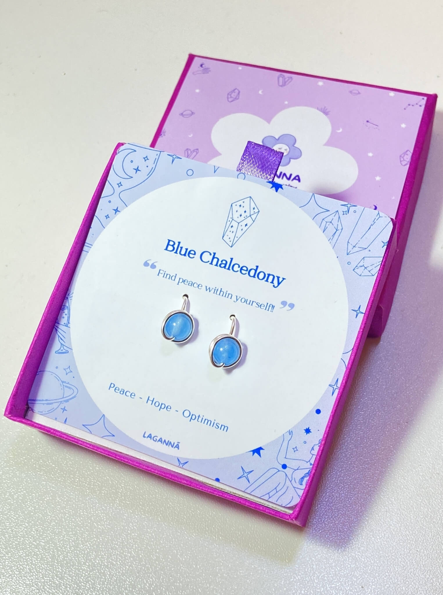 Blue Chalcedony Petite Round Stud Earrings displayed on crystal meaning card inside purple Laganna jewelry box - handcrafted wire-wrapped healing jewelry gift from Sri Lanka
