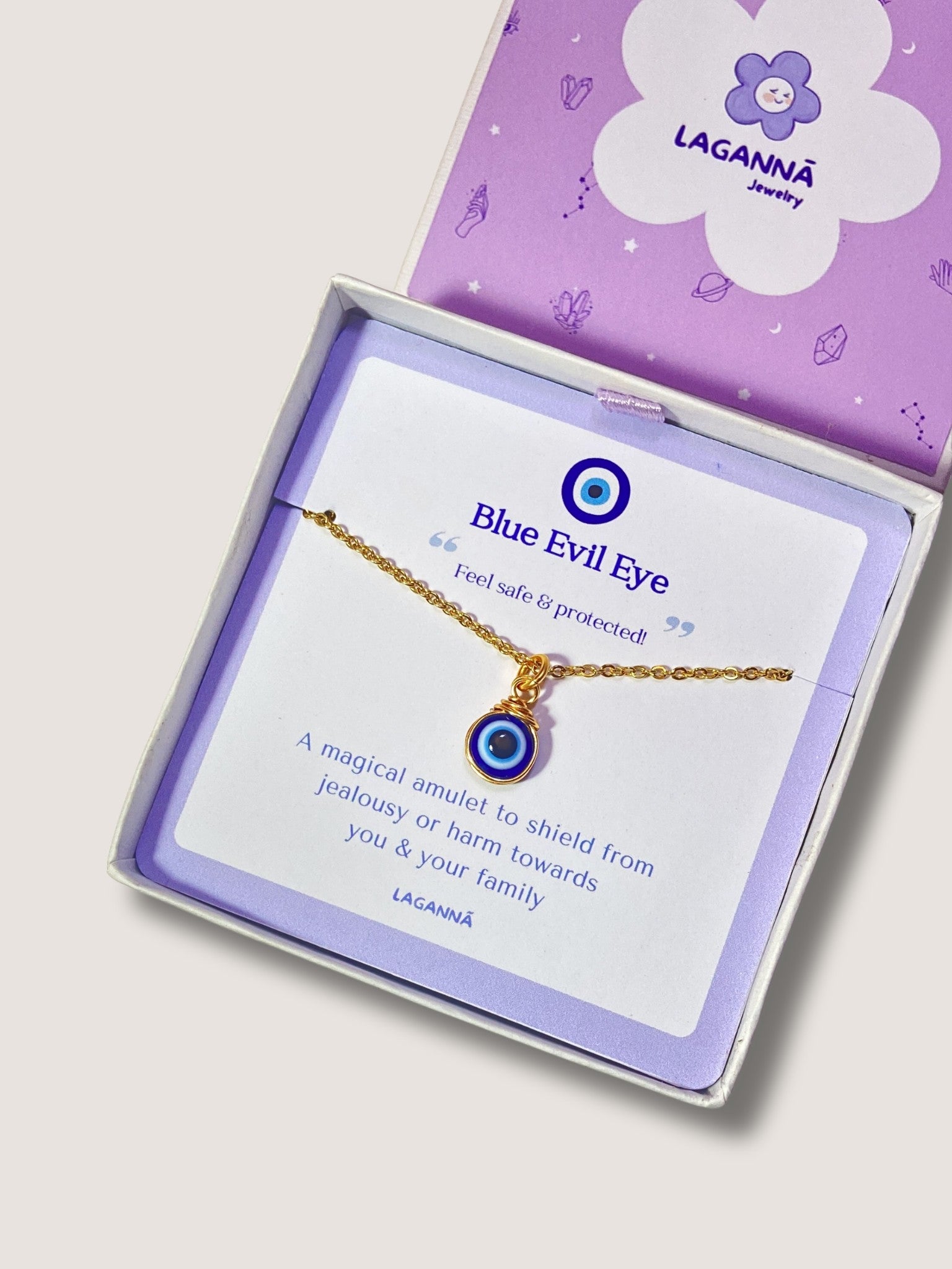 Blue evil eye necklace in elegant Laganna jewelry box showing handmade gold protection pendant packaging, Sri Lankan artisan spiritual jewelry gift set featuring wire wrapped healing crystal necklace as evil eye talisman with premium branded presentation