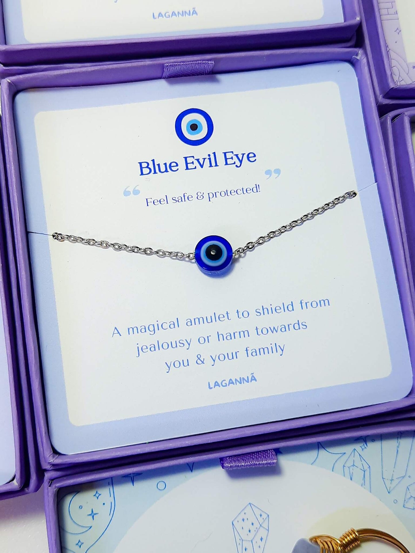 Handmade blue evil eye silver bracelet in elegant jewelry box front view, adjustable protection bracelet featuring spiritual healing crystal design crafted by Sri Lankan artisans as boho evil eye talisman and protective amulet for luck and chakra balancing