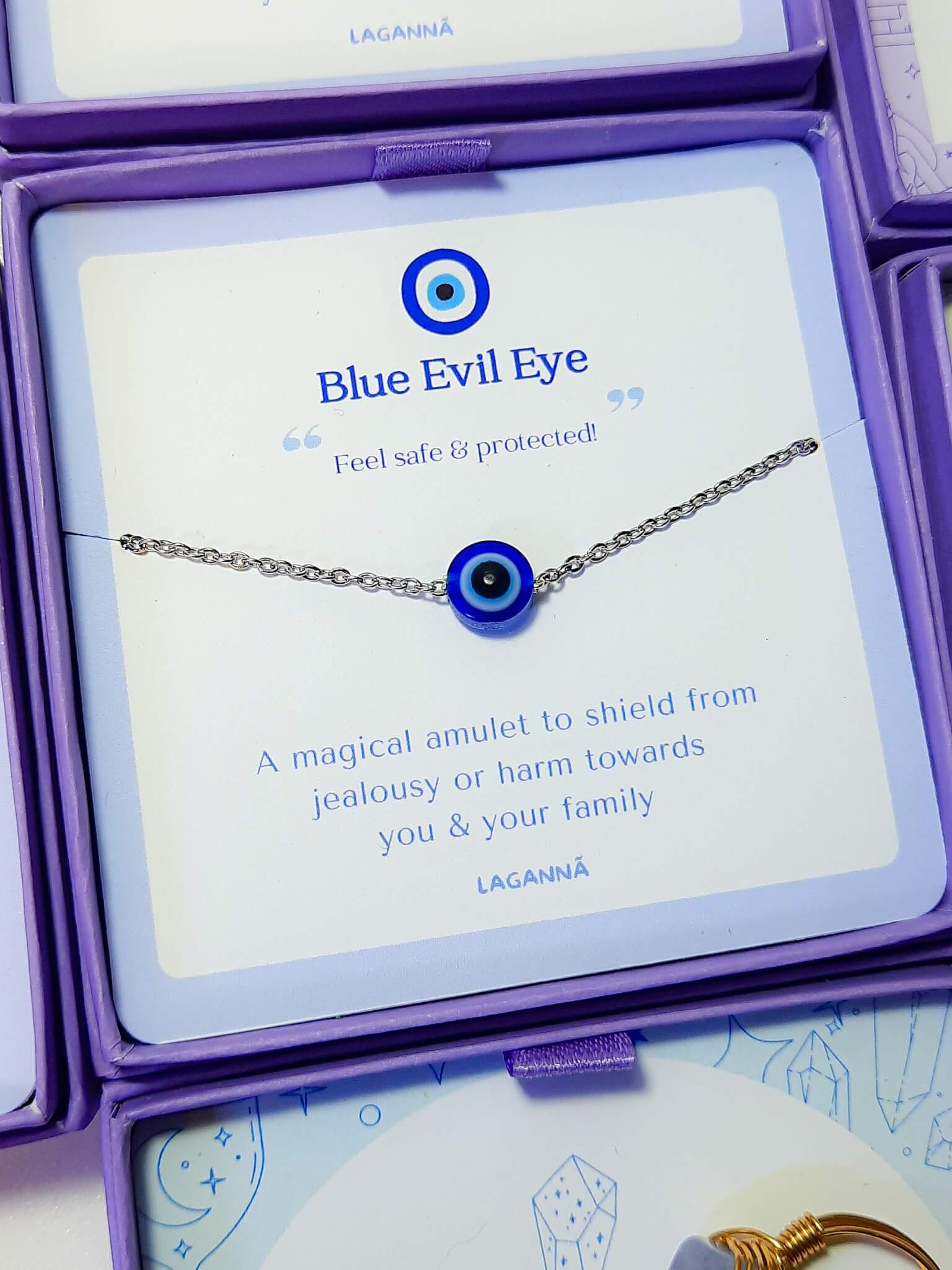 Handmade blue evil eye silver bracelet in elegant jewelry box front view, adjustable protection bracelet featuring spiritual healing crystal design crafted by Sri Lankan artisans as boho evil eye talisman and protective amulet for luck and chakra balancing