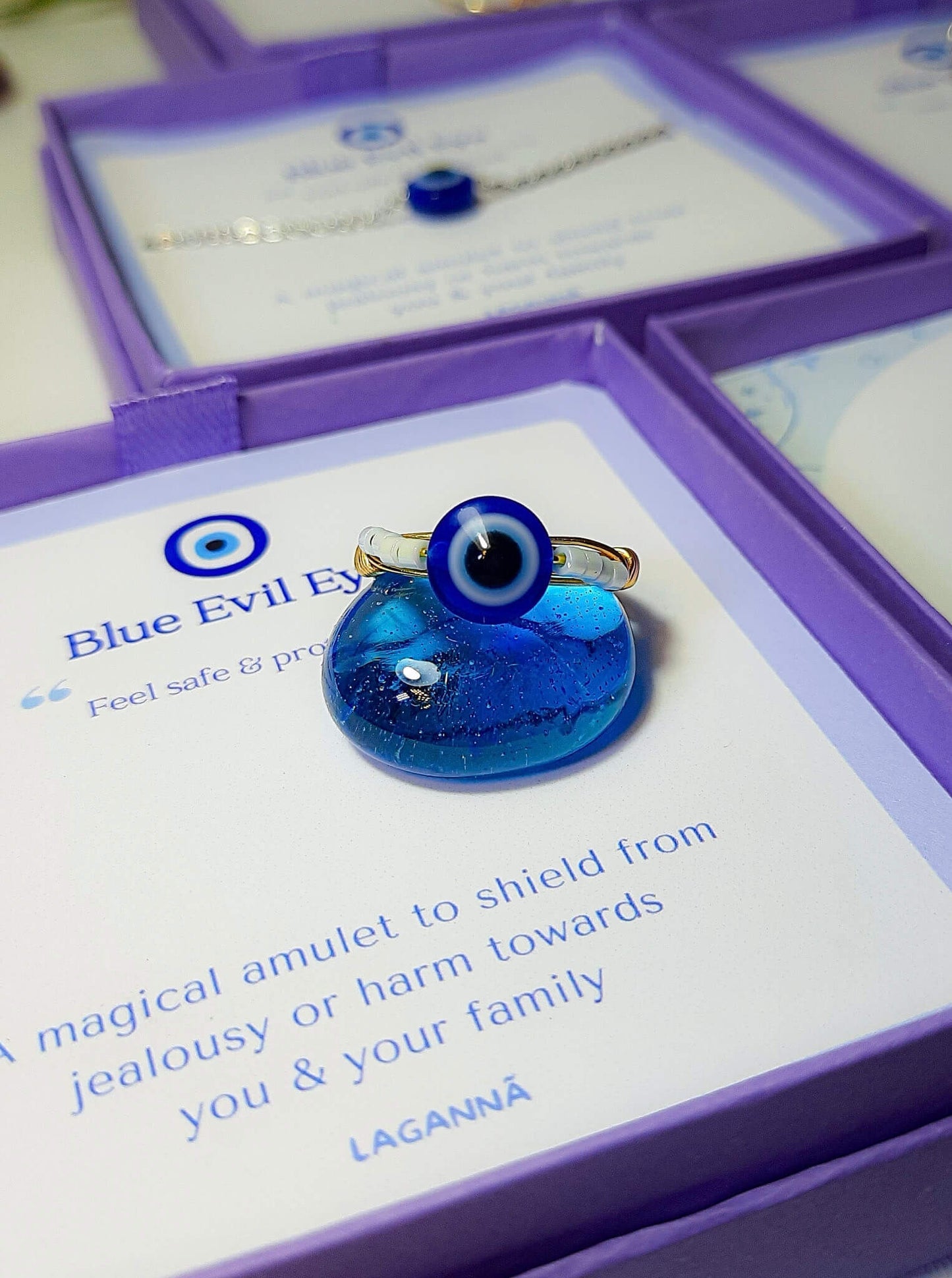 Blue evil eye seed bead ring in gold wire wrap with jewelry box, handmade Sri Lankan protective talisman ring for spiritual protection and good luck