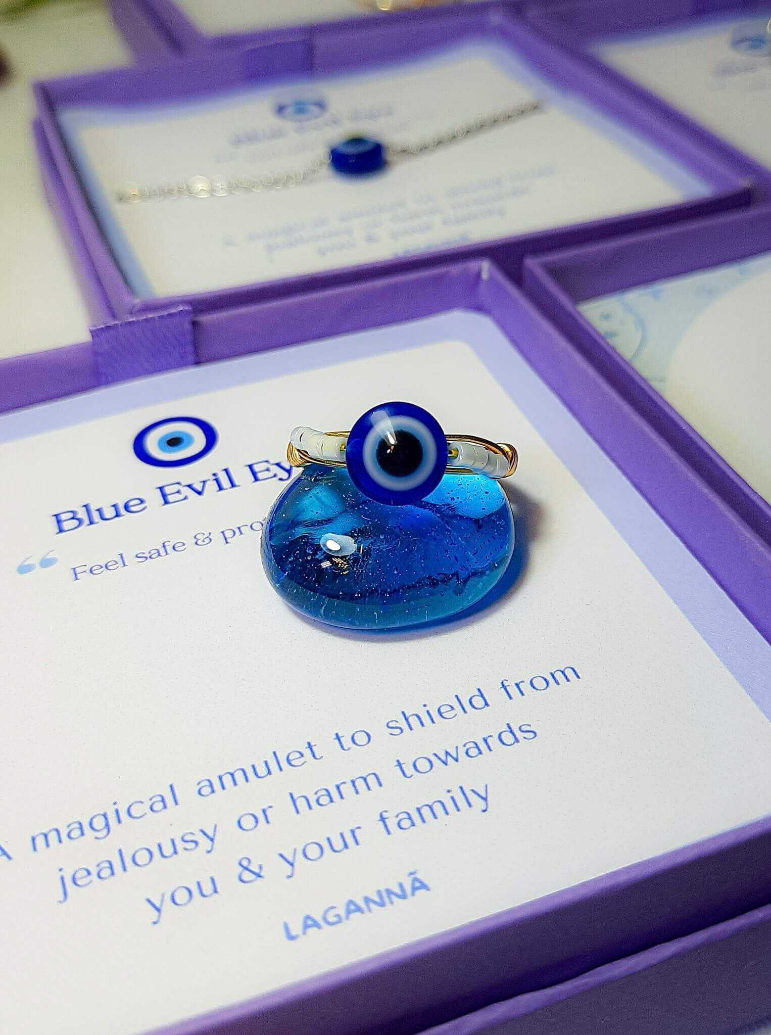 Blue evil eye seed bead ring in gold wire wrap with jewelry box, handmade Sri Lankan protective talisman ring for spiritual protection and good luck