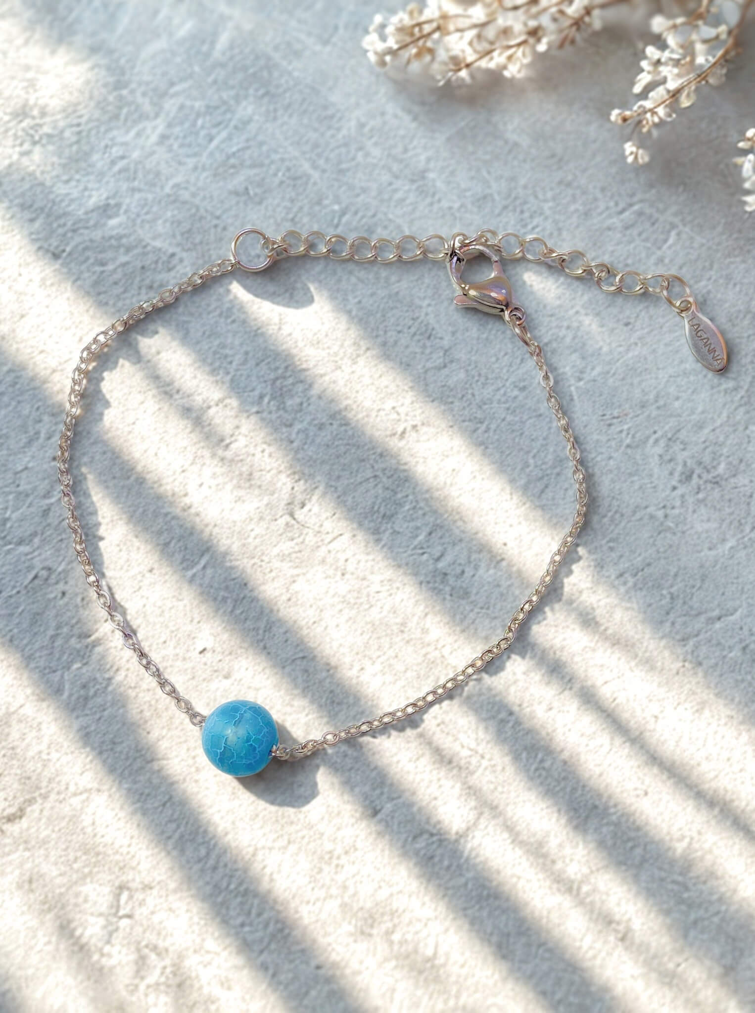 Blue Moon bracelet with frosted agate in silver wire wrap dainty design, handmade Sri Lankan healing crystal bracelet for throat chakra and emotional balance