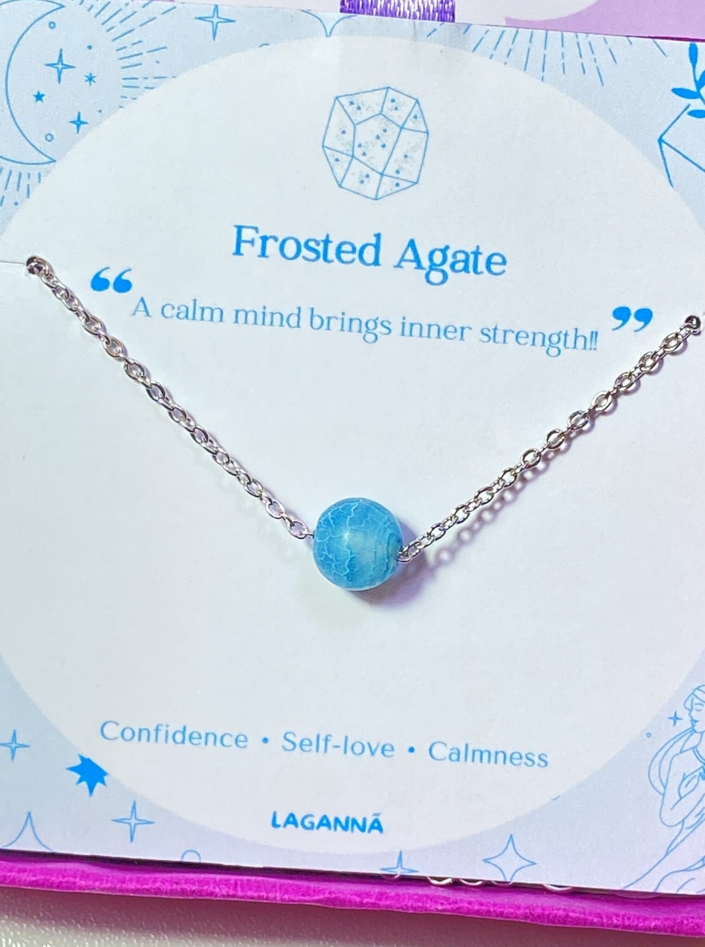 Blue Moon bracelet with frosted agate jewelry box closeup, handmade Sri Lankan silver wire wrapped healing crystal bracelet for throat chakra and tranquility
