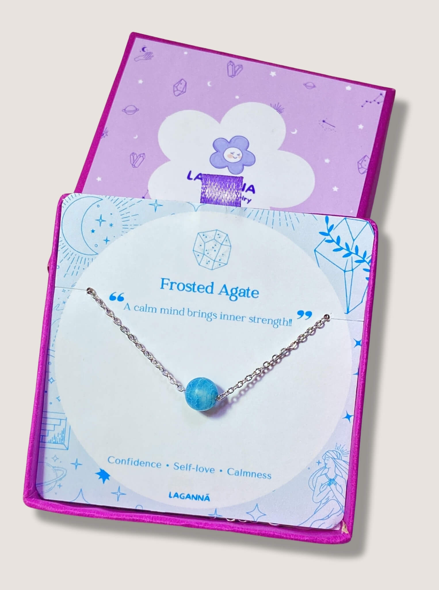 Blue Moon bracelet with frosted agate in jewelry box, handmade Sri Lankan silver wire wrapped healing crystal bracelet for calm and communication enhancement