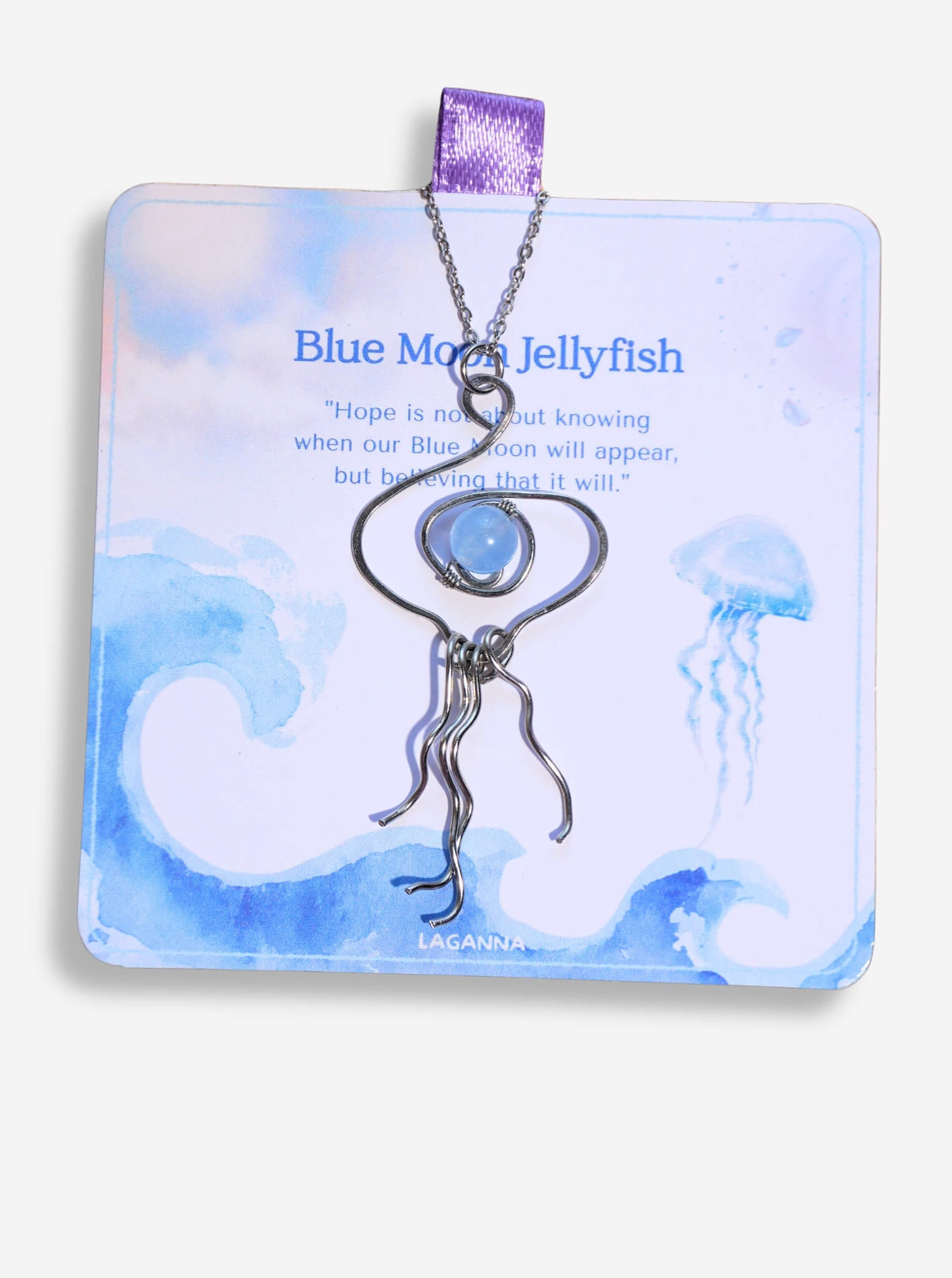 Blue Moon Jellyfish Necklace handmade stainless steel wire sculpted jellyfish pendant with Blue Chalcedony stone on Laganna packaging card white background artisan crafted Sri Lanka healing crystal jewelry calm clarity hope
