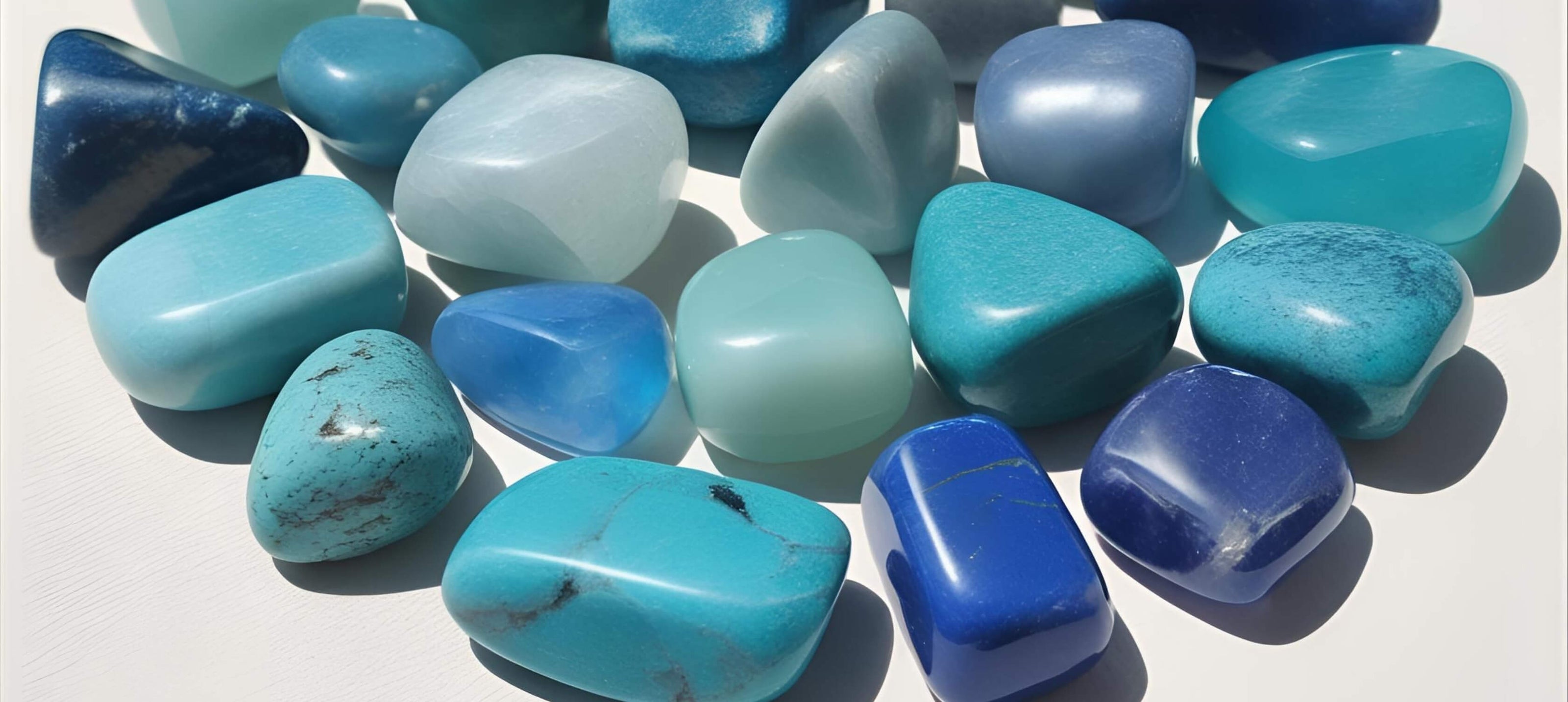 Tumbled blue and teal stones including Aquamarine, Amazonite, Angelite, Blue Chalcedony, Sodalite, Lapis Lazuli, Turquoise, and Fluorite