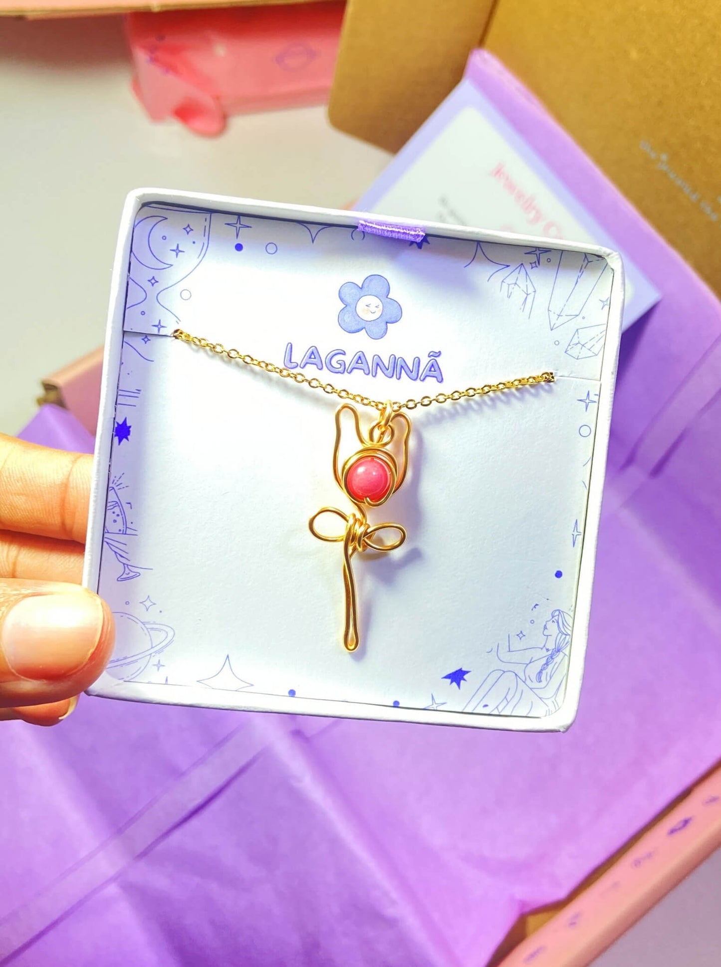 Pink chalcedony blush rose pendant necklace ready for gifting in elegant Laganna jewelry box packaging - handmade gold wire wrapped healing crystal jewelry crafted in Sri Lanka, perfect gift-ready presentation