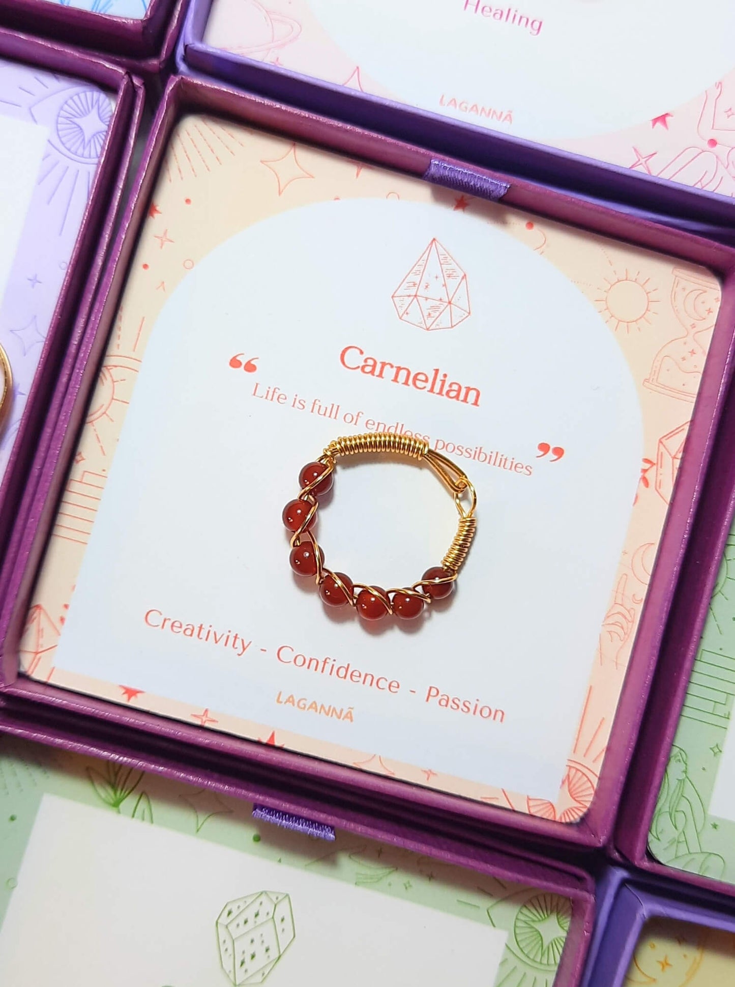 Carnelian braided ring in gold wire wrap with jewelry box, handmade Sri Lankan healing crystal ring for sacral chakra and creative expression